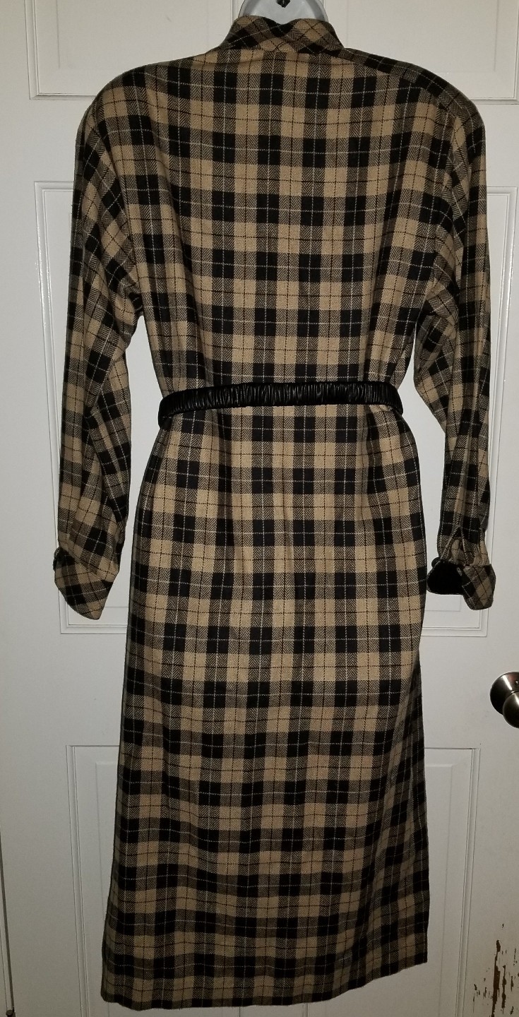 Tanner camel tan black check plaid wool long sleeve vintage dress. 12