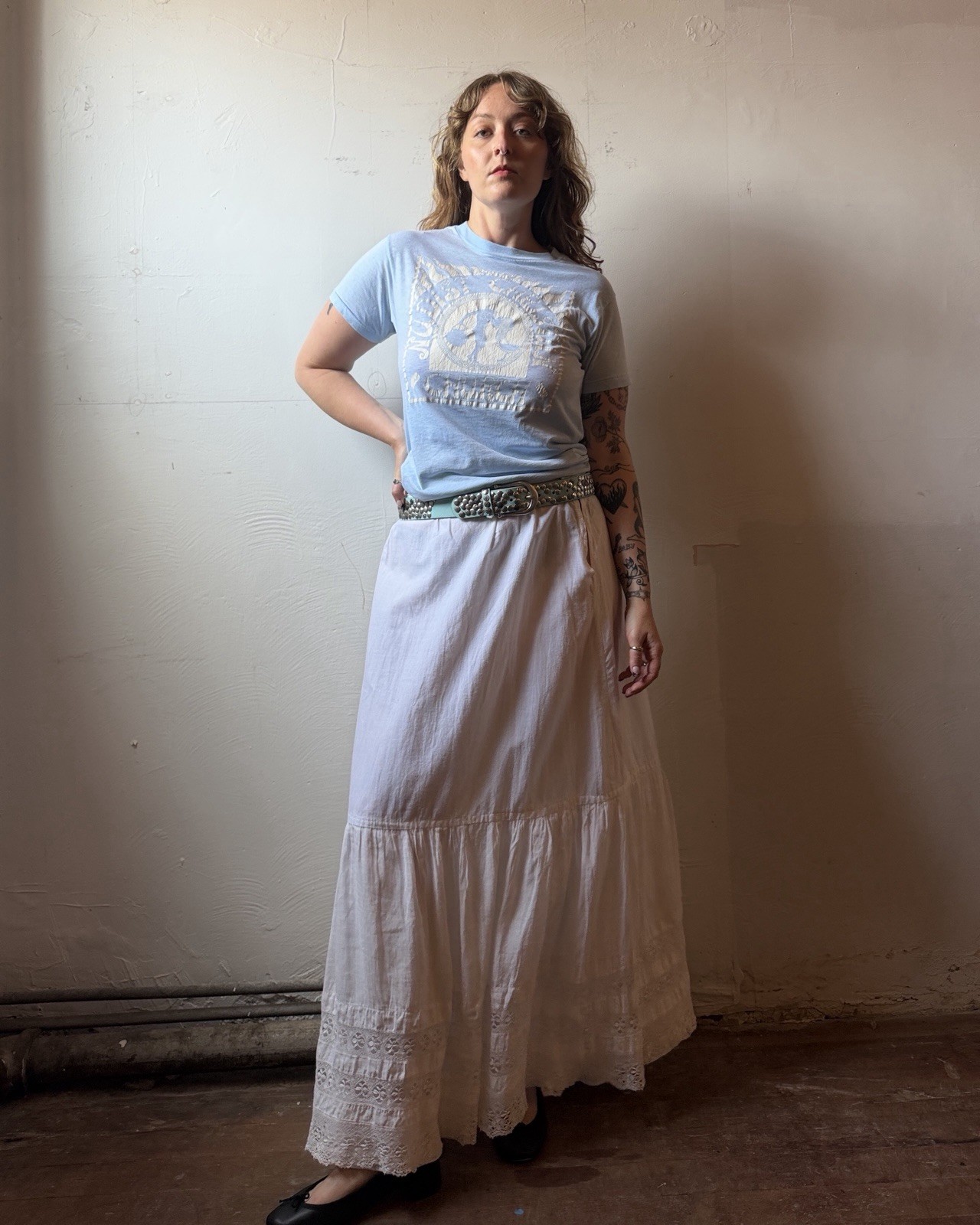 Antique Edwardian Cotton Lace Insert Tiered Skirt – M/L – 33” Waist
