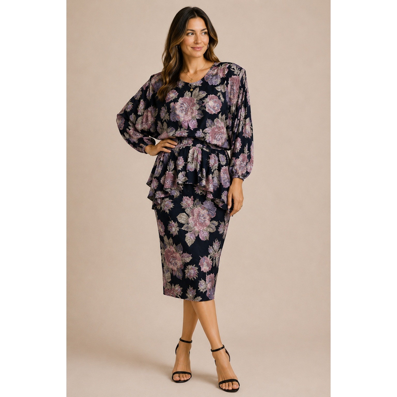 Vintage 80s Regina Kravitz Floral Peplum Midi Dress Open Back Romantic M 8/10