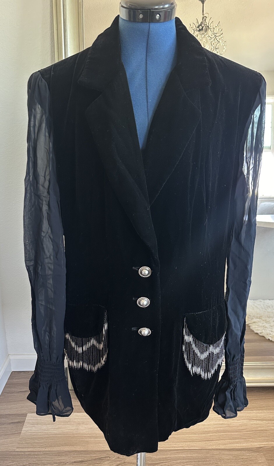 Vtg 80s Dorothy Schoelen Velvet Evening Silk Sheer Sleeves beaded Fringe Blazer