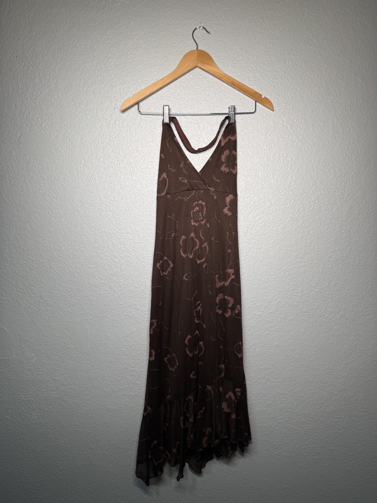 vintage 90s sparkle brown dress ruffle asymmetrical halter flow formal festival