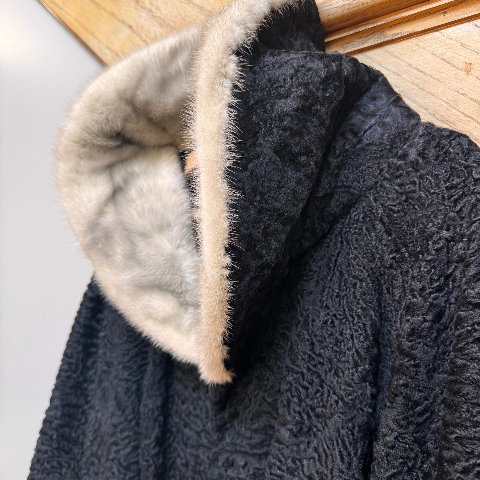 VTG Mink Trim Swakara Genuine South African Karakul Lamb Fur Swing Coat XL/1X