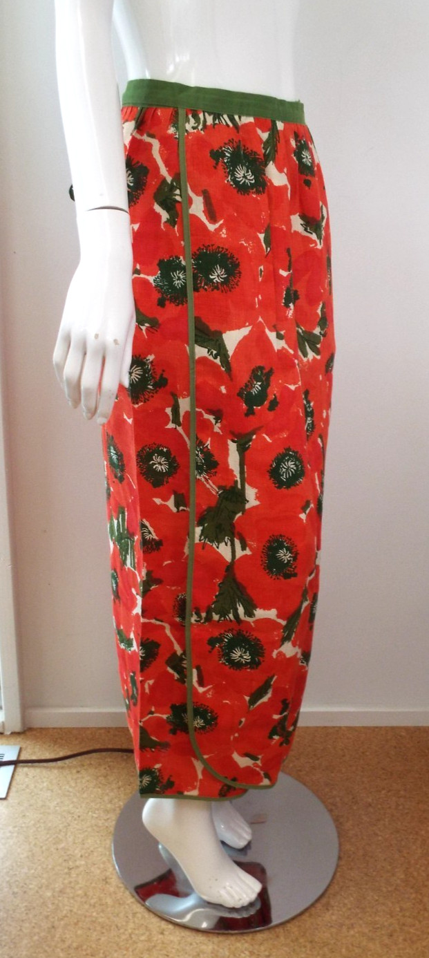 VTG Vera Neumann Cotten Linen Hostess Wrap Skirt PERFECT Poppy Red Green Floral