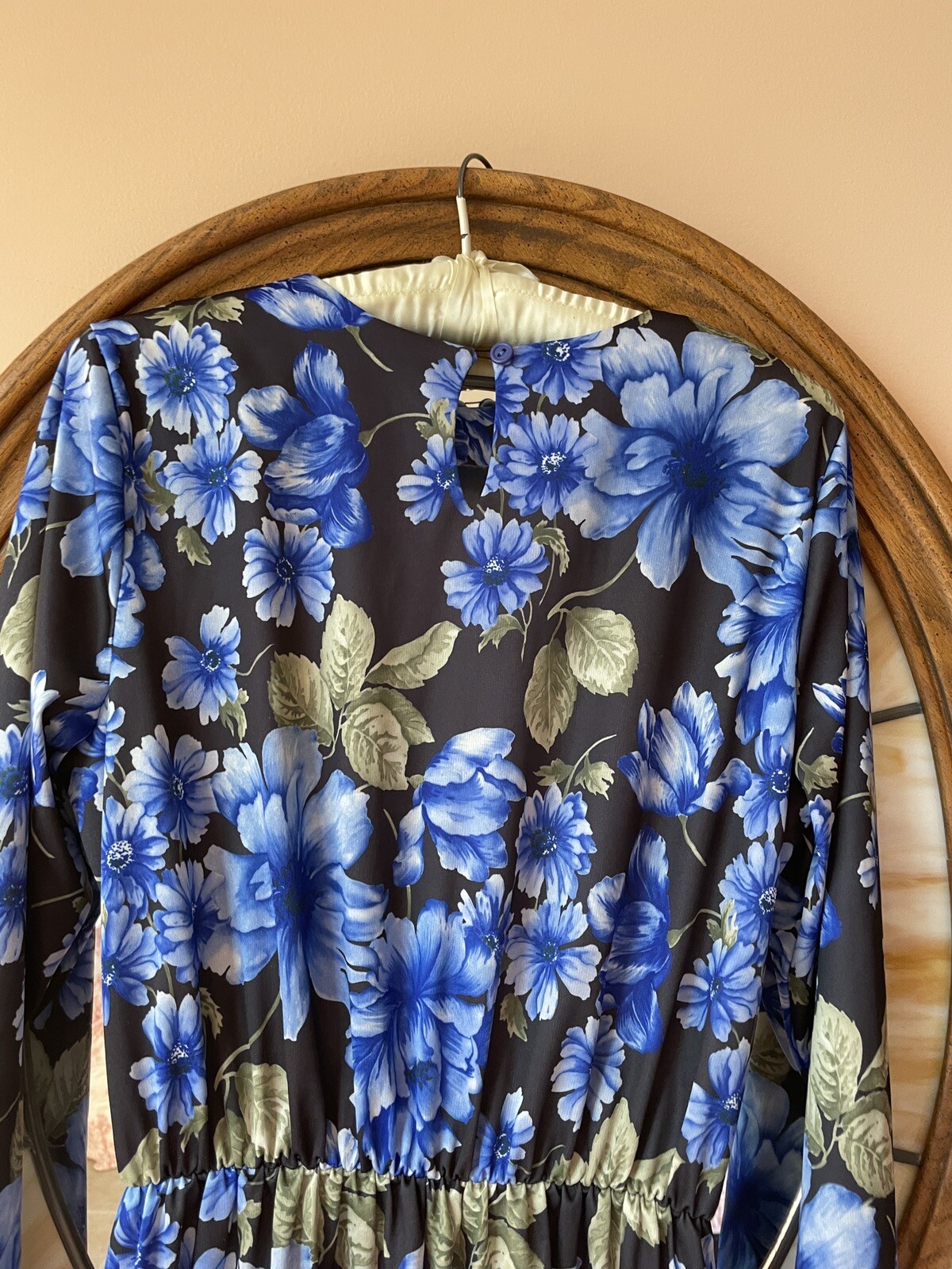 Vintage 1980’s Carol Wright Black Blue Floral Print Poly Dress S/M