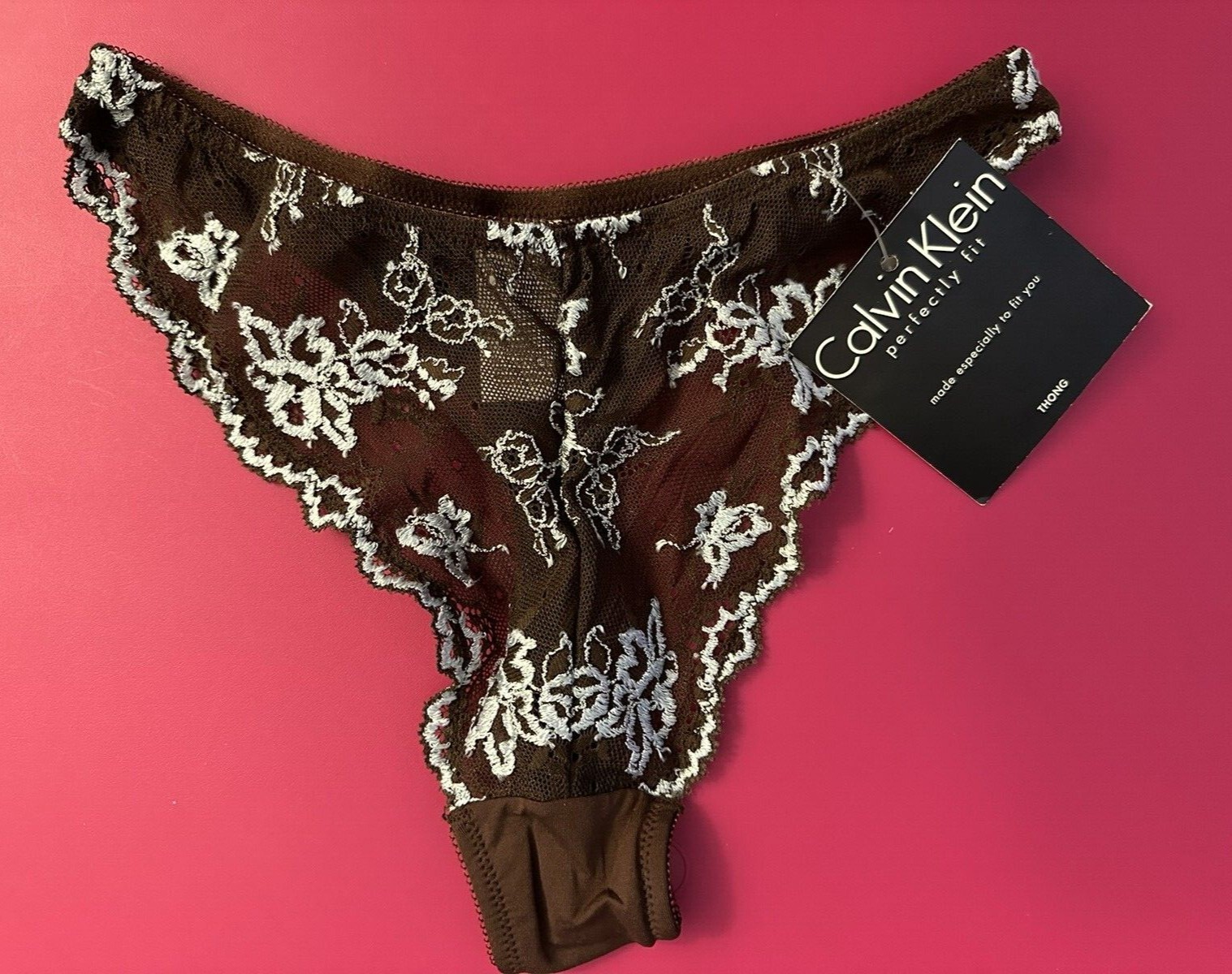 Calvin Klein Lace -G-String Bikini Thong Brown / Lite-Blue sz Small NEW