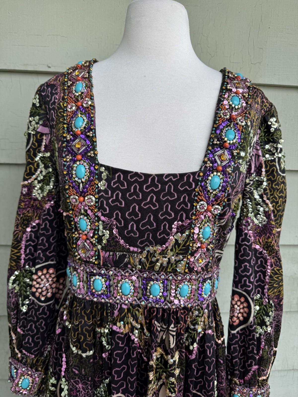 70’s Valentina Ltd Embellished Maxi Dress 12 Boho Sequin Jewels Hostess Gown 28”