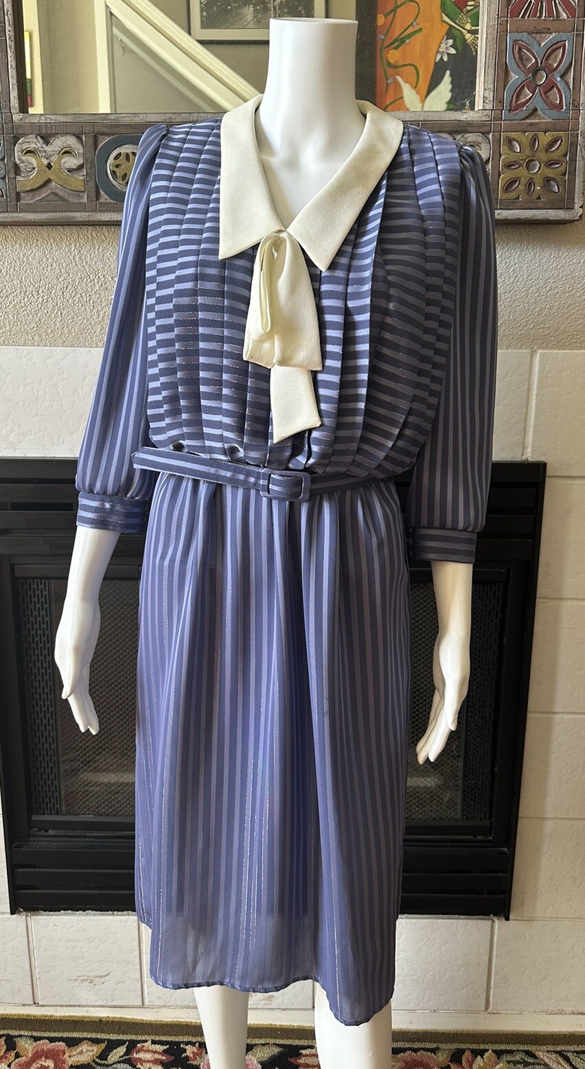 Vtg 80s JSJ Belted Dress Womens Polyester Blue Dynasty Style 34” Bust 28” Waist