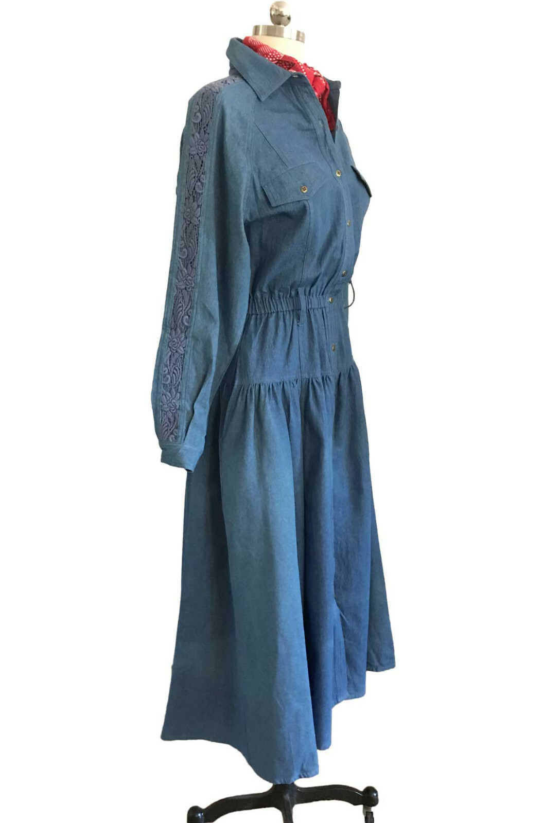 Vtg 80s Cowgirl Dress TOGETHER! Denim Button Front Lace Insert Wide Sweep tag 8