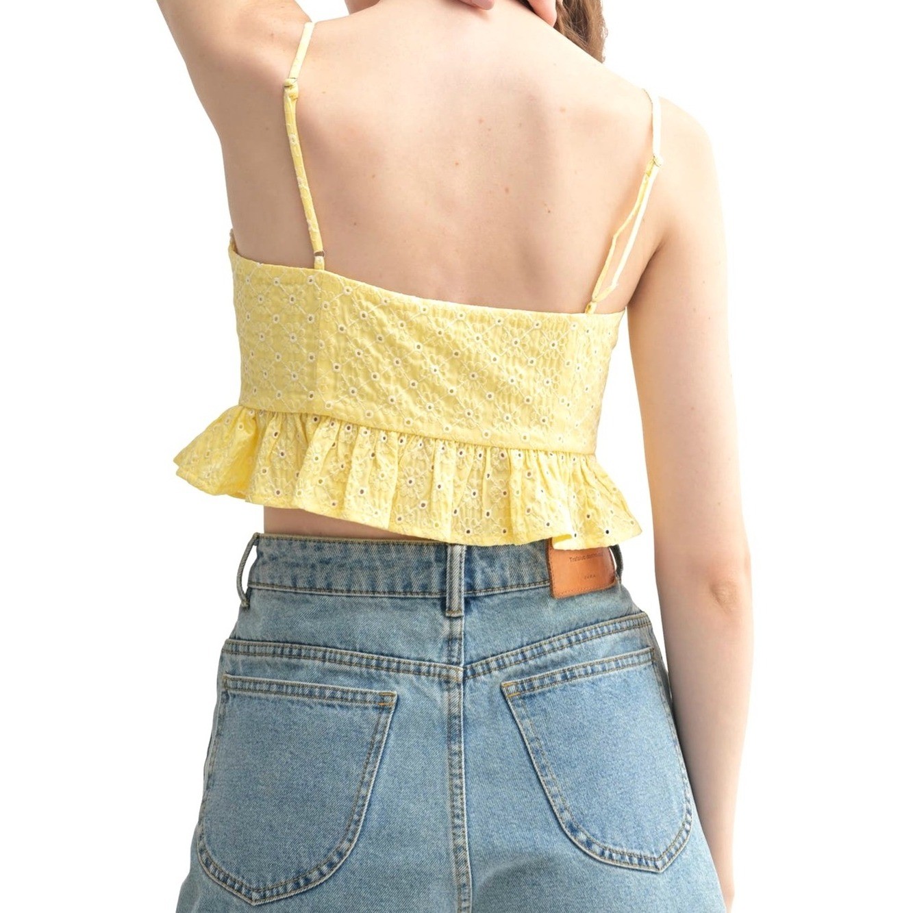 All in Favor Yellow Eyelet Lace-Up Peplum Cottagecore Cami Top-Size Large