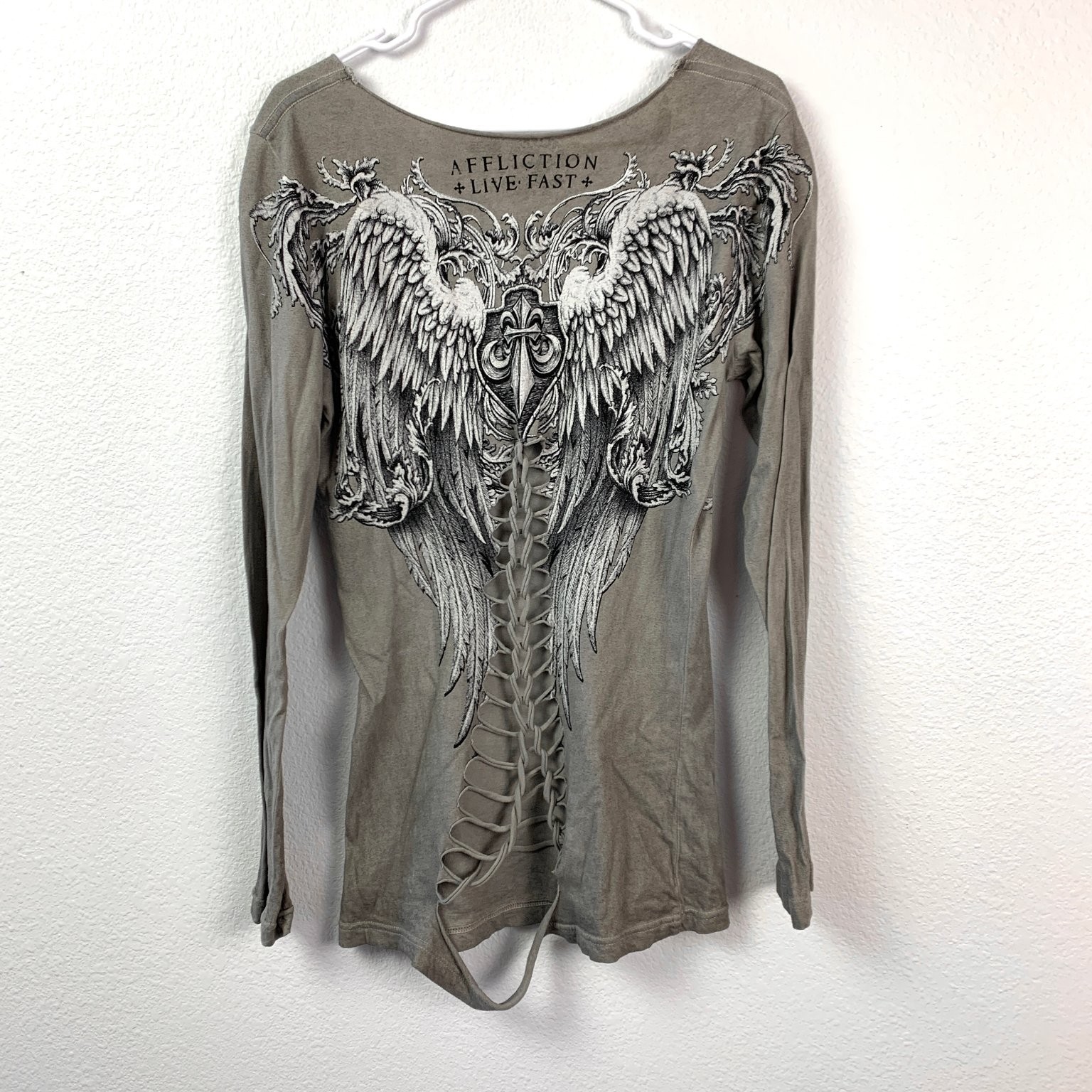 Y2K Affliction Live Fast Laced Raw Edge Long Sleeve Shirt Large Gray Wings