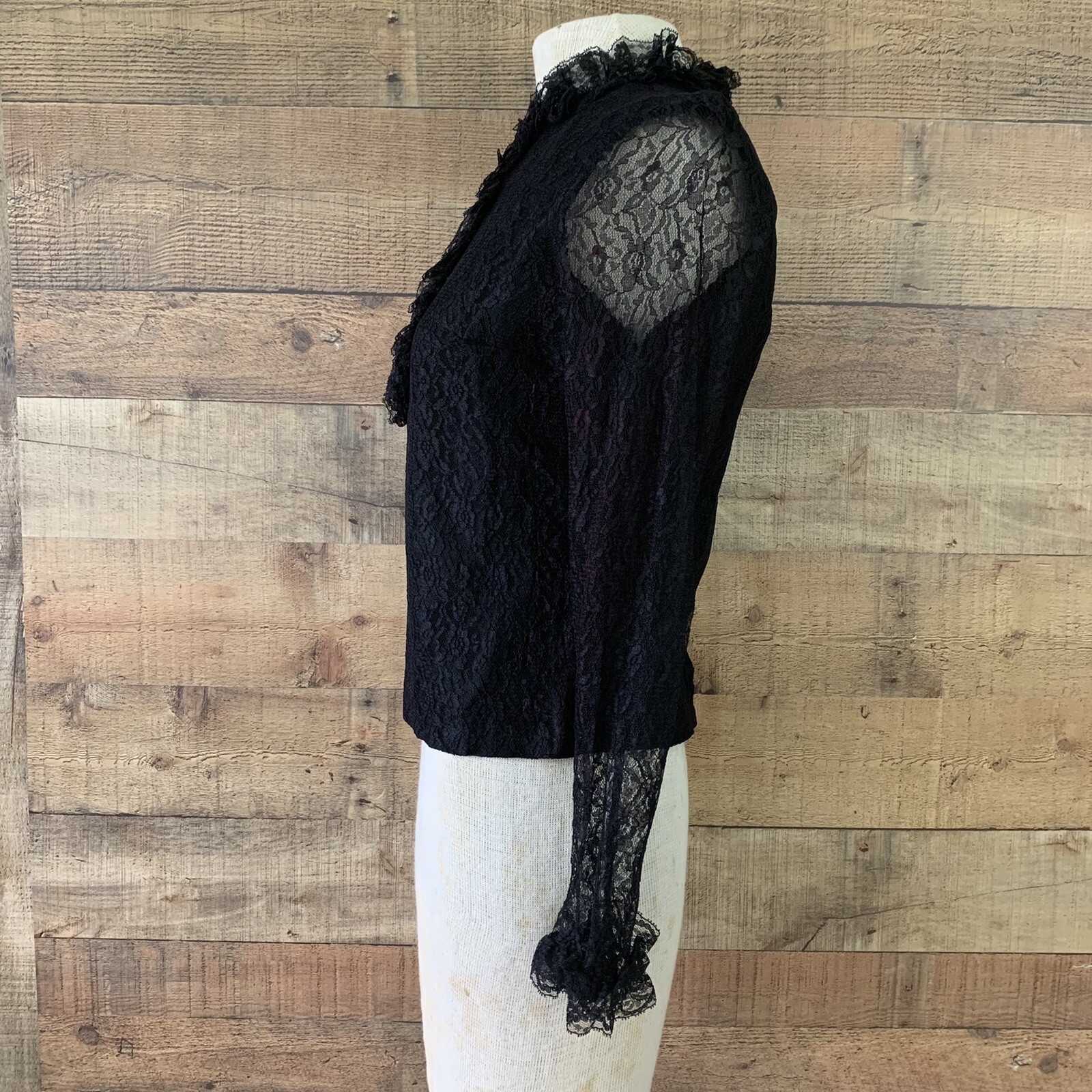 Vintage 1960’s Mod Black Lace Back Button Ruffled Lace Blouse Size S/34