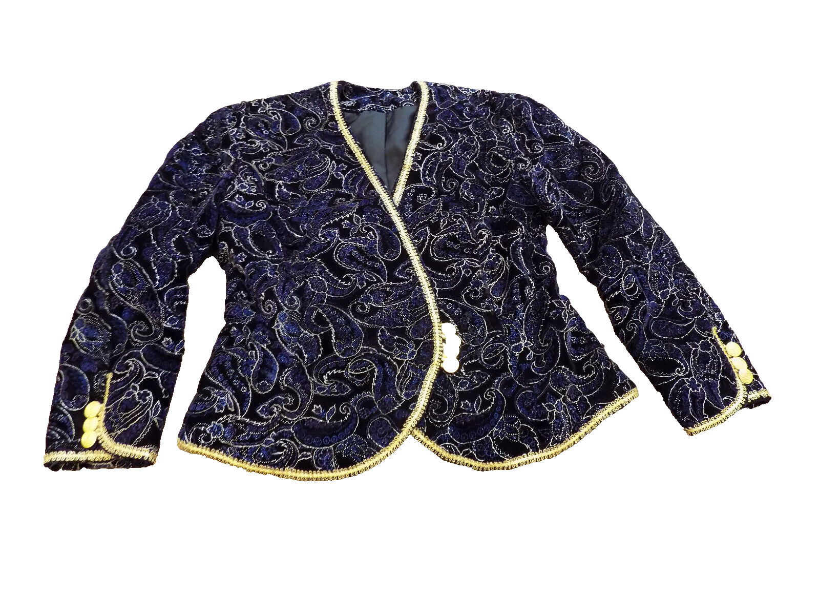 Vtg Velvet Black Brocade Jacket Blazer „braided” Buttons Gold ribbon Trim sz S