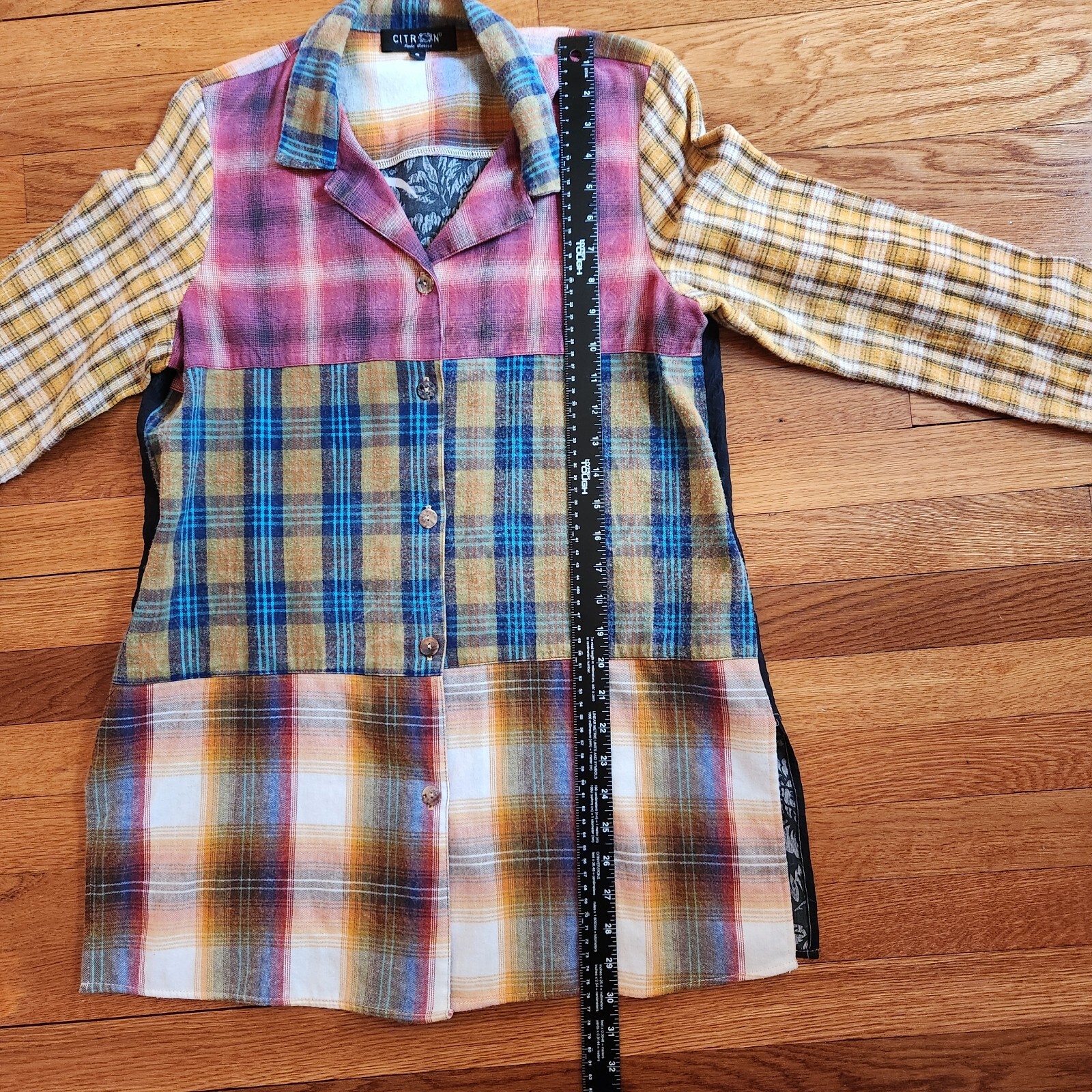 Vtg Citron Santa Monica Tunic Small Flannel & Silk Button Patchwork Boho USA