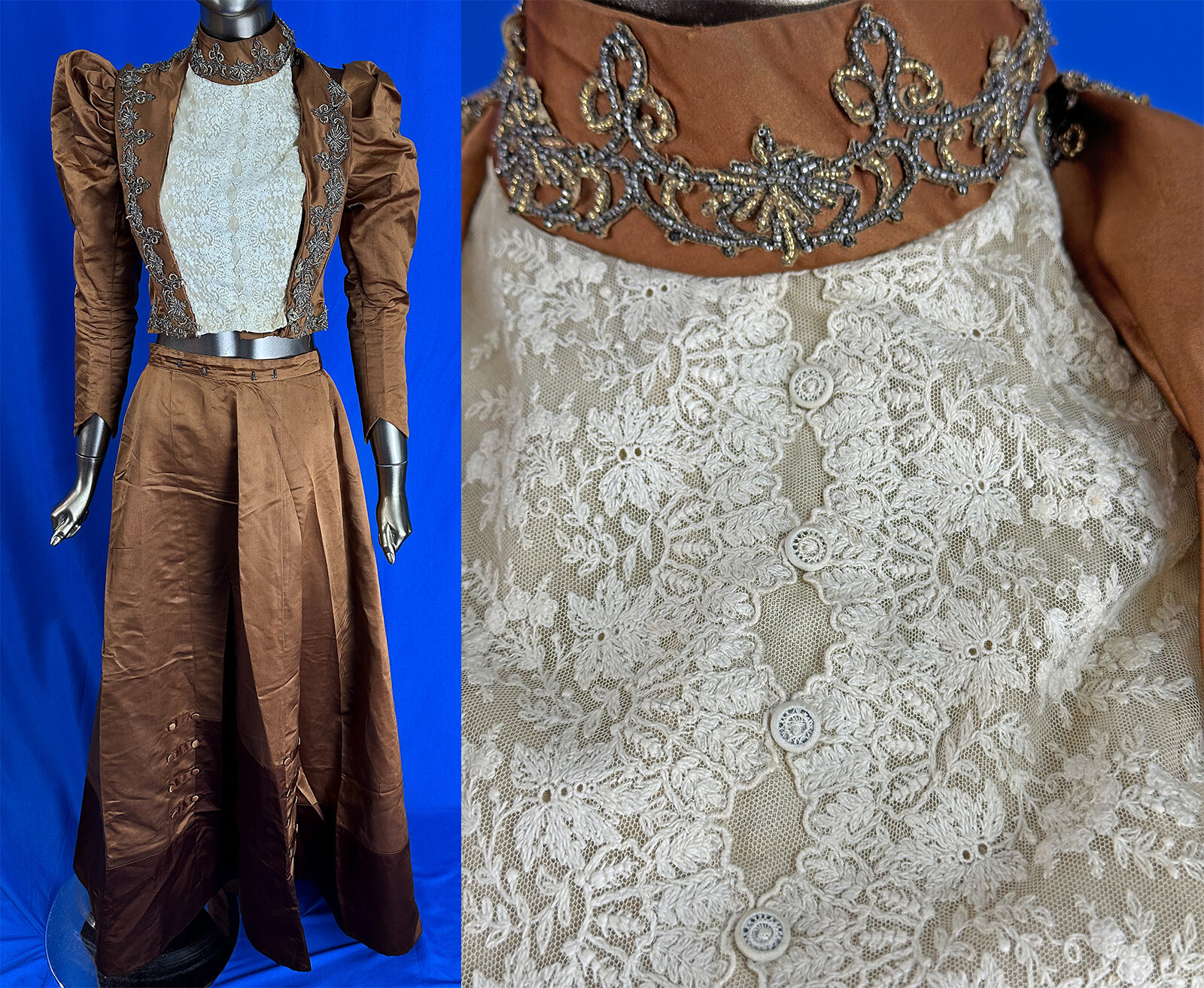 Victorian Beaded Bronze Silk Tambour Lace Leg o Mutton Sleeve Bodice Skirt Dress