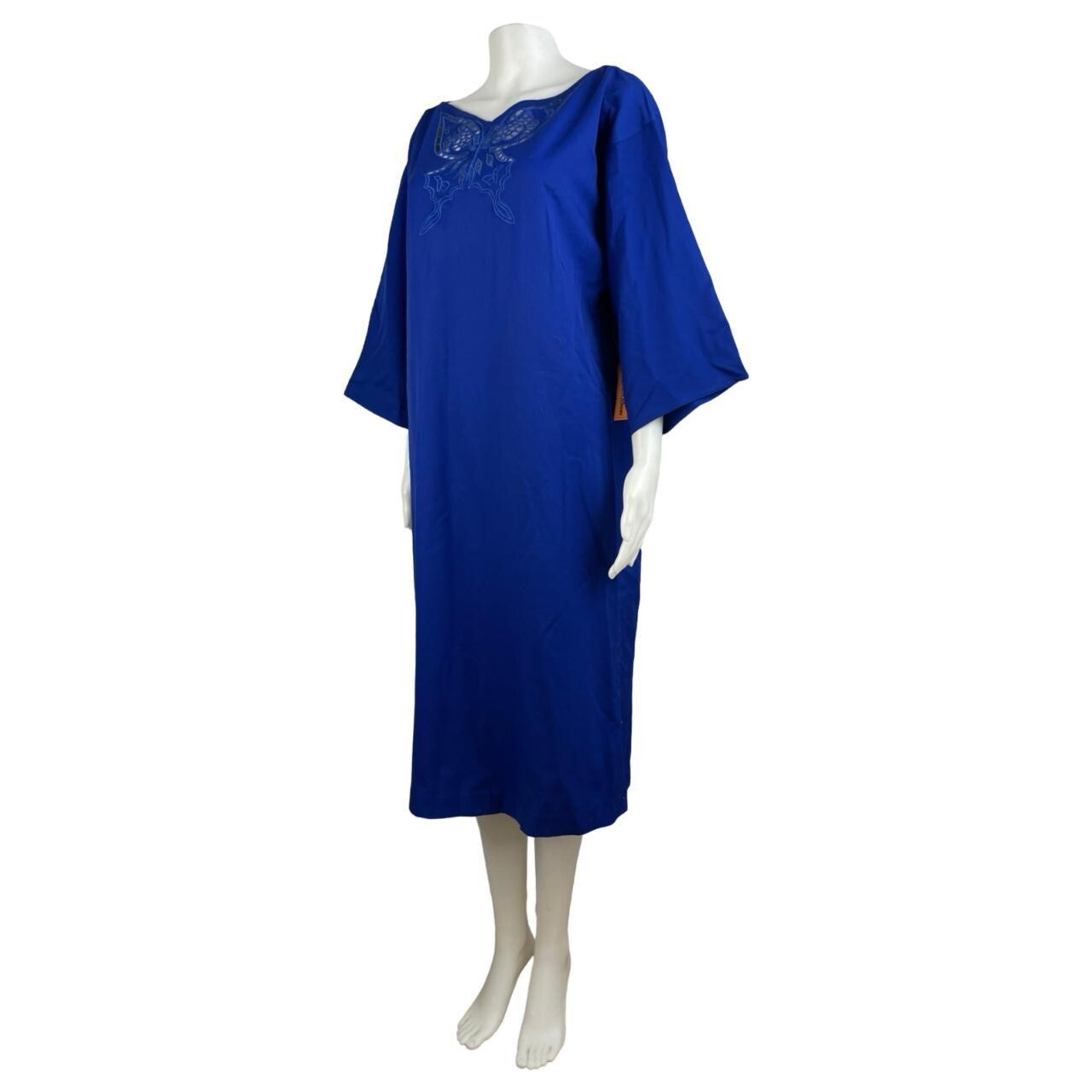 Vintage Butterfly Embroidered Dress Size Medium 1970s Cobalt Blue Twill Wool