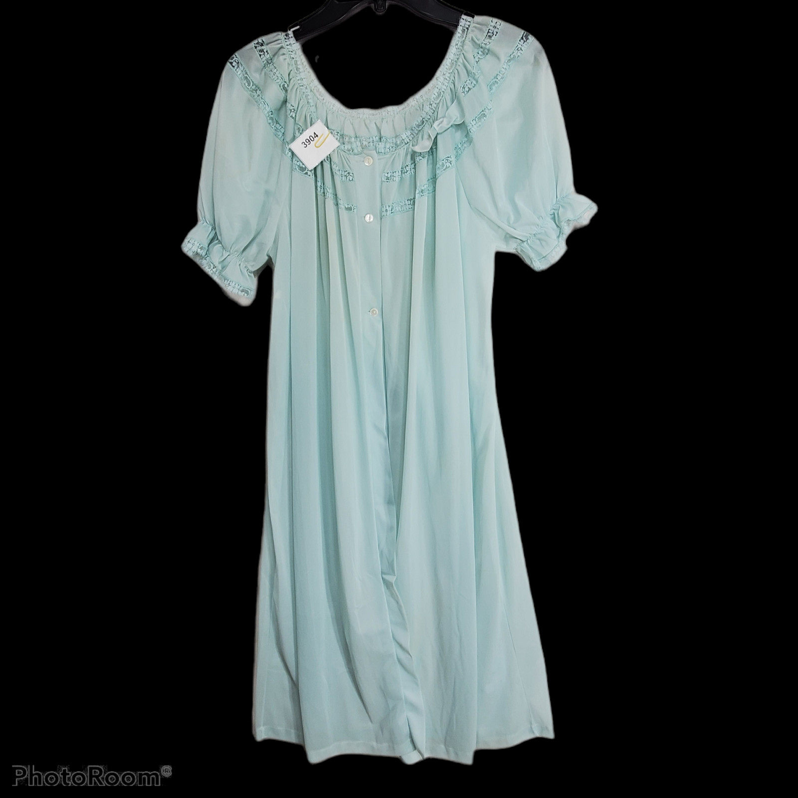Vintage San Souci Blue Nylon Robe Sz S Lace Insets 3 Button Short Raglan Sleeve