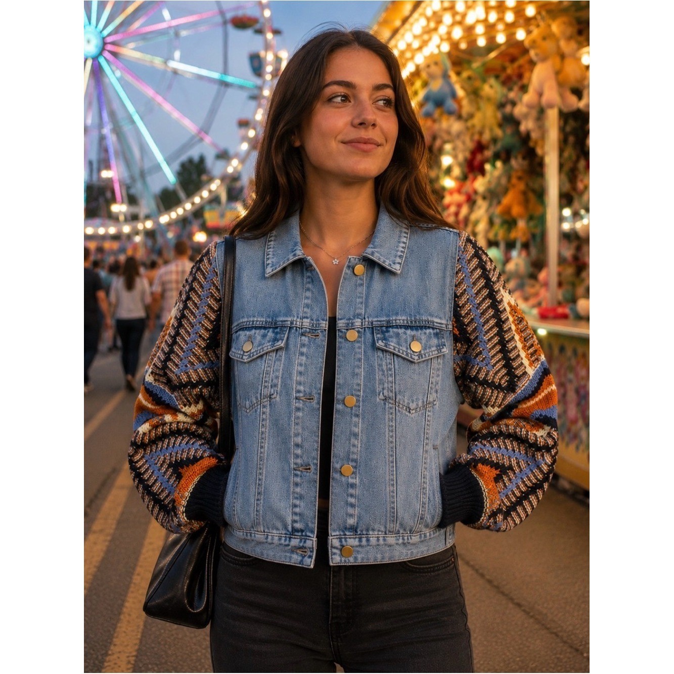 Flying Tomato Light Blue Denim Jacket with Multi-Color Knit Sleeves Size S Boho