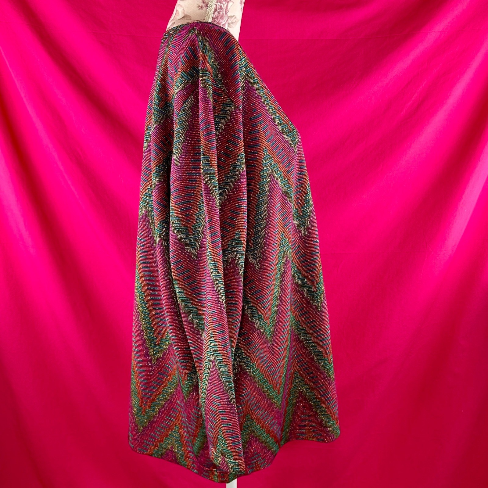 Metallic Vintage 80s 90s Chevron Knit Tunic Top Pink Sparkle 3X Holiday Glam