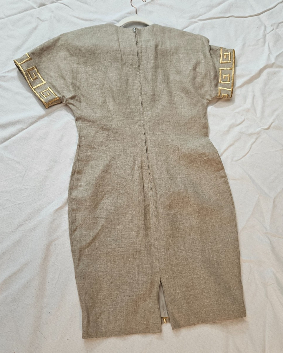 Vintage 80’s Chetta B Neutral Linen Dress w/Gold Metallic Embroidery, Sz.8, USA