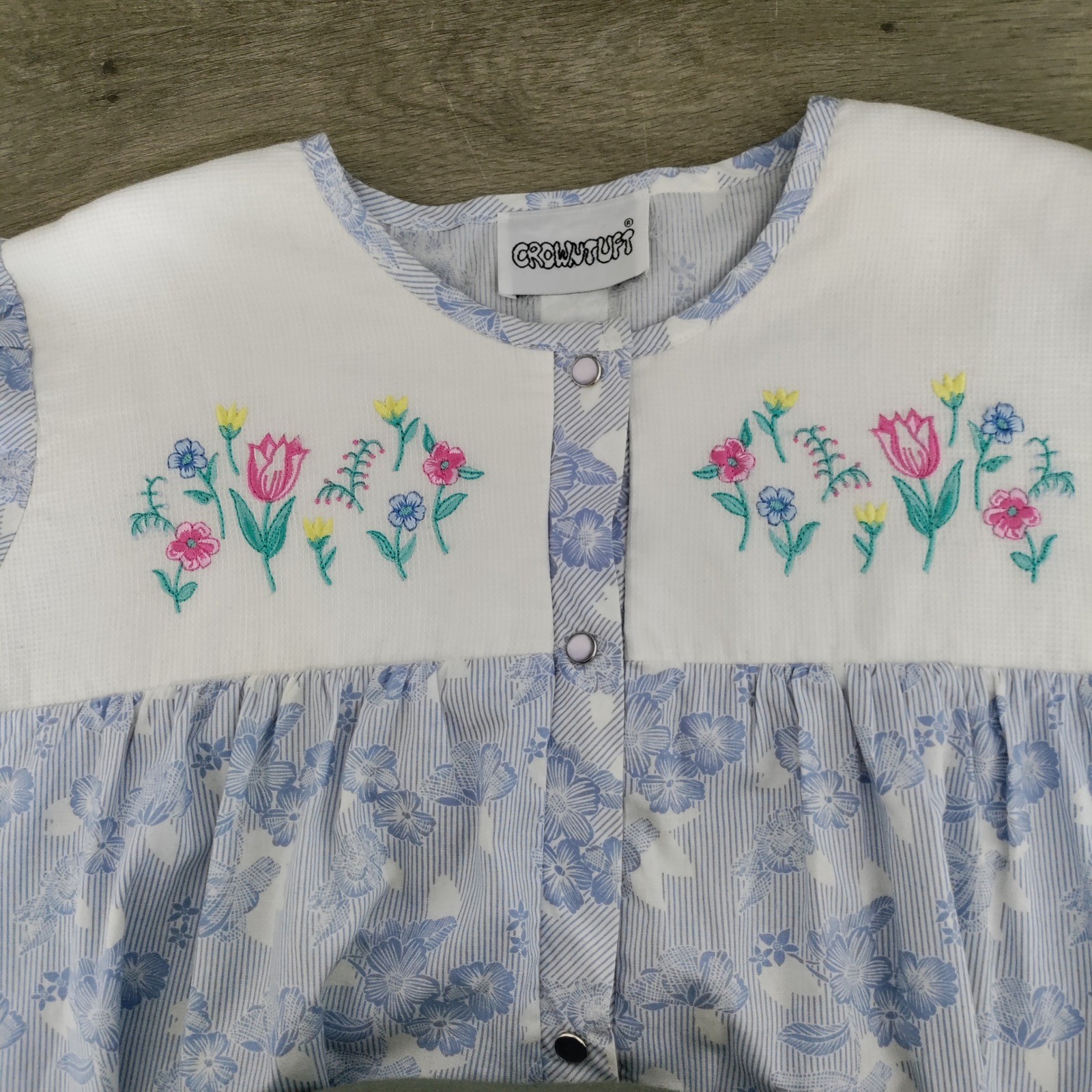 Crowntuft Blue Floral Embroidered Snap Front House Dress Duster Womens L/XL