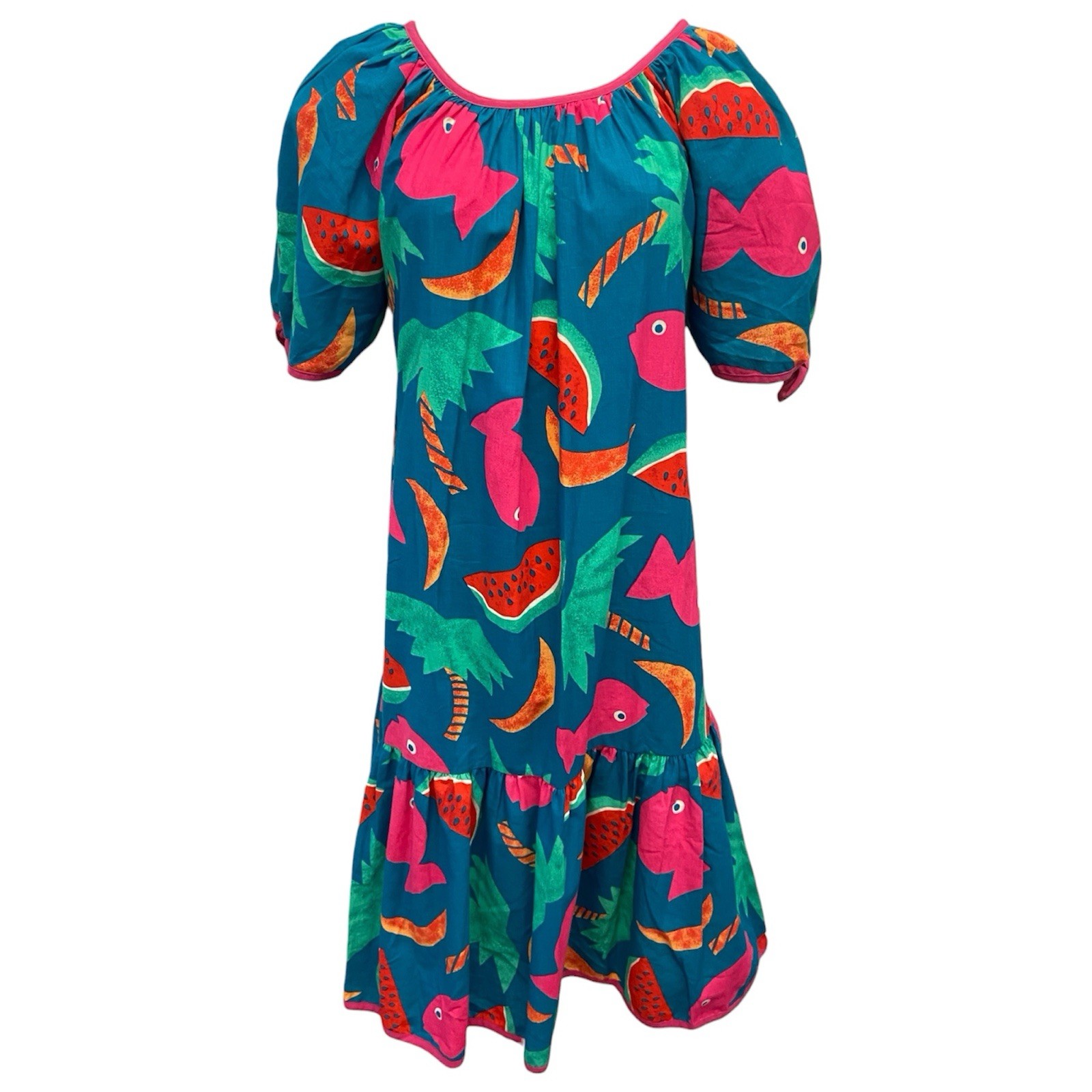 80s Blue Multi Fish Watermelon Print Graphic Novelty Muumuu Style Dress Womens M