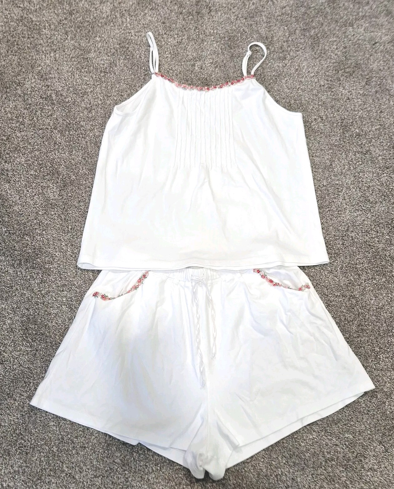 COTN Women Pajama Set White Cotton Shorts Tank Dainty Rose Embroidery Girly Sz L