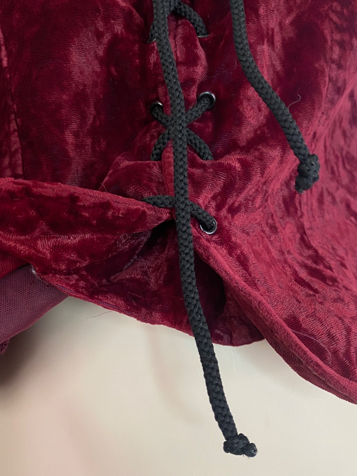 Vintage 1990s MORBID THREADS burgundy crushed velvet vest M black corset tie top