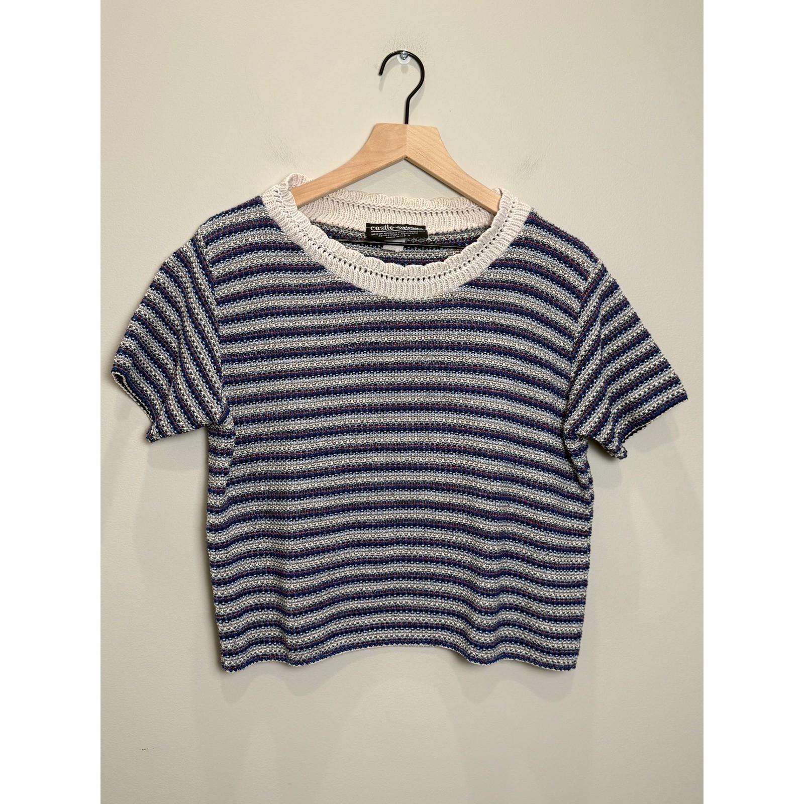 VTG 90s Crochet Knit L Striped Sweater Top USA Made Boxy Crop Coastal Cotton