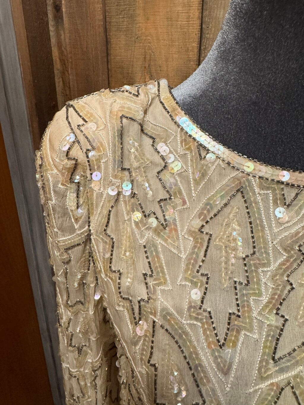 Vintage Champagne Gold Sequin Beaded Midi Dress Long Sleeve Tassel Belt Gala