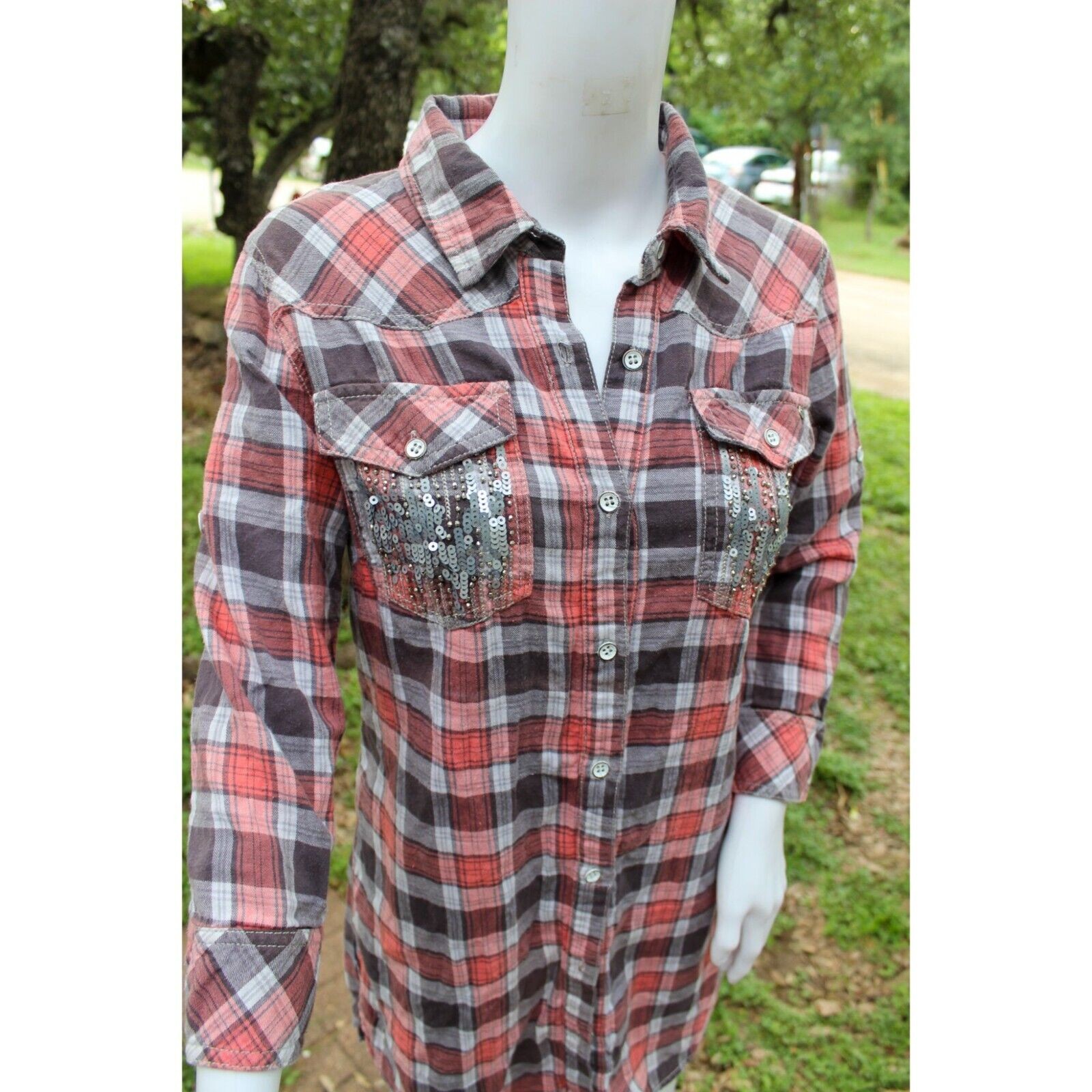 Y2K Vintage Miss Me Plaid Button-Down Shirt Dress W/ Sequin Pockets Size S