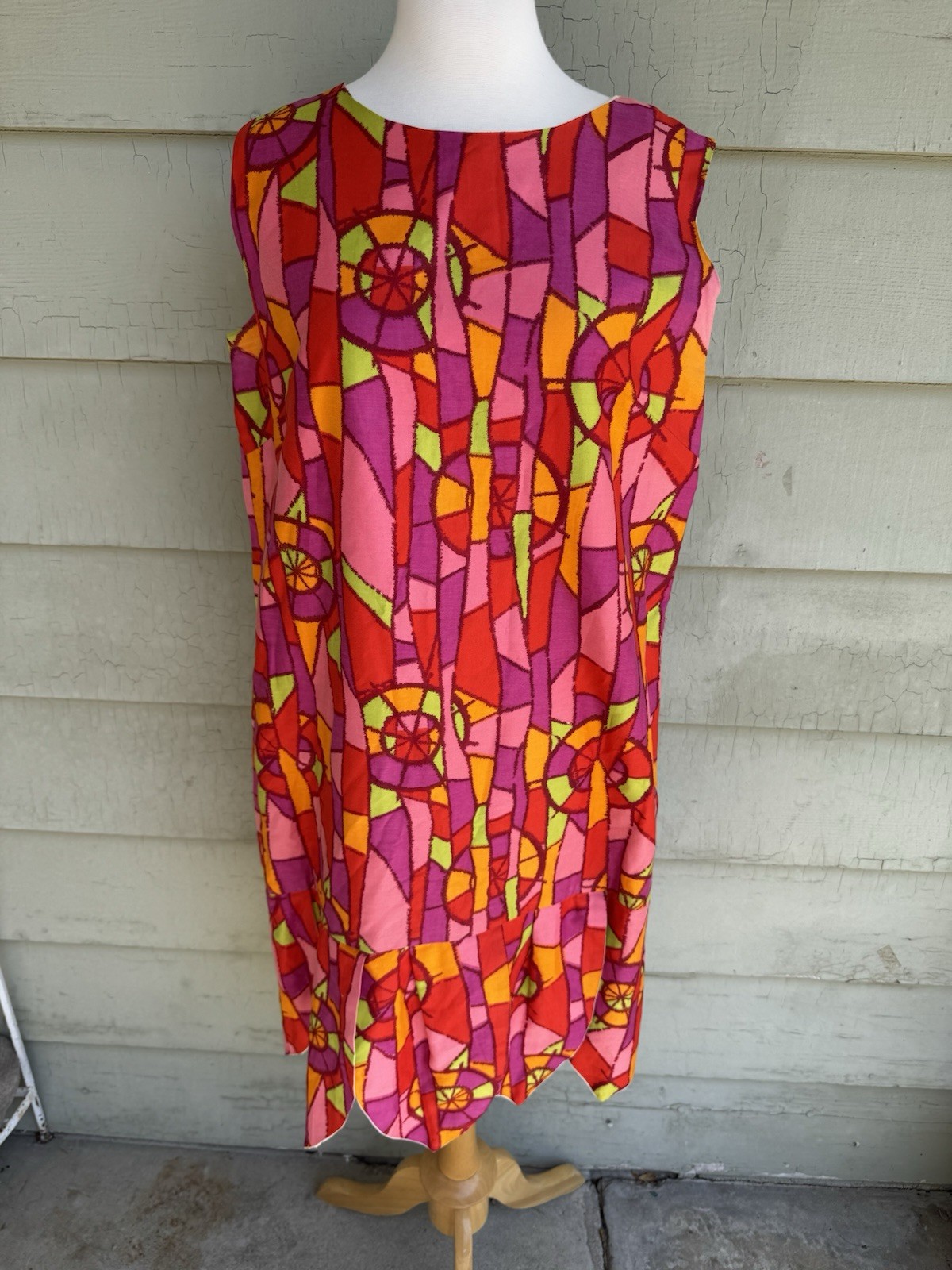 Vtg 60’s Boutique MOD Dress Colorful Pink Red Purple Geometric Japan Cotton 18