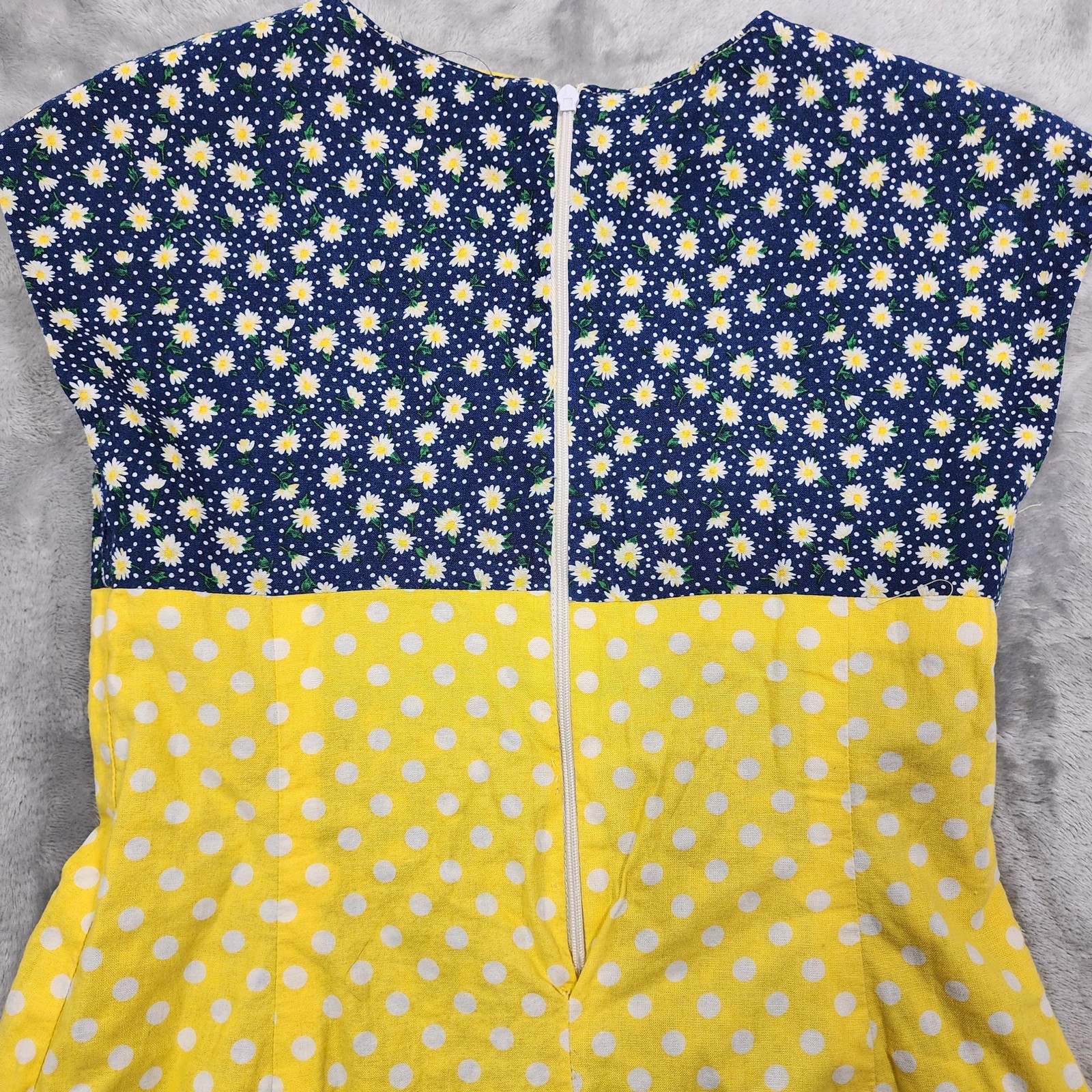 Vintage Dress Women XS Blue Yellow Floral Polka Dot Cotton Mini Cap Sleeve Daisy