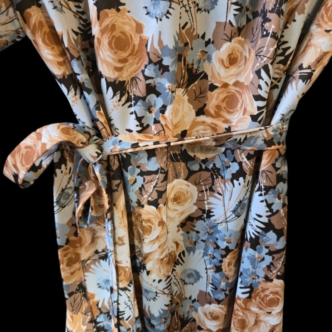 Vintage Floral Dress Tie Front Wearables Blue Yellow Made In USA Size 16