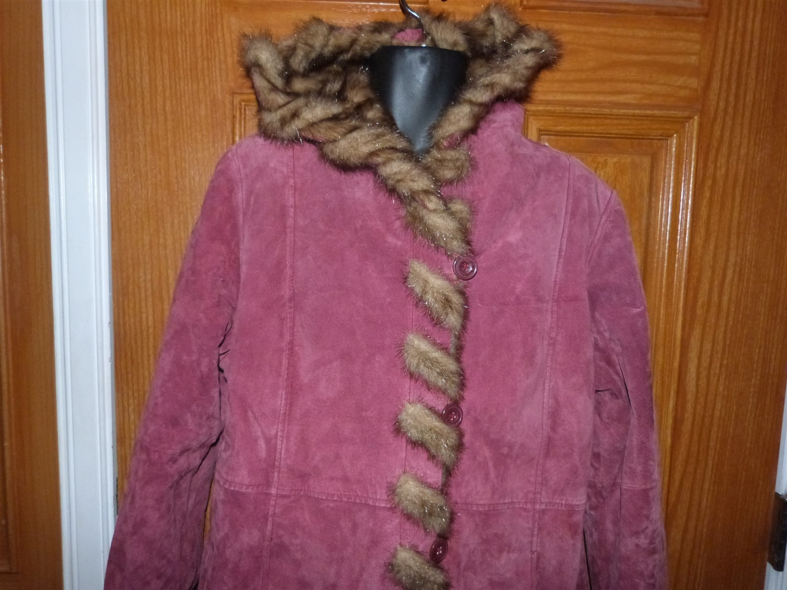 Dennis Basso suede coat vintage 1990s faux fur red Burgundy Maroon wine hood W L