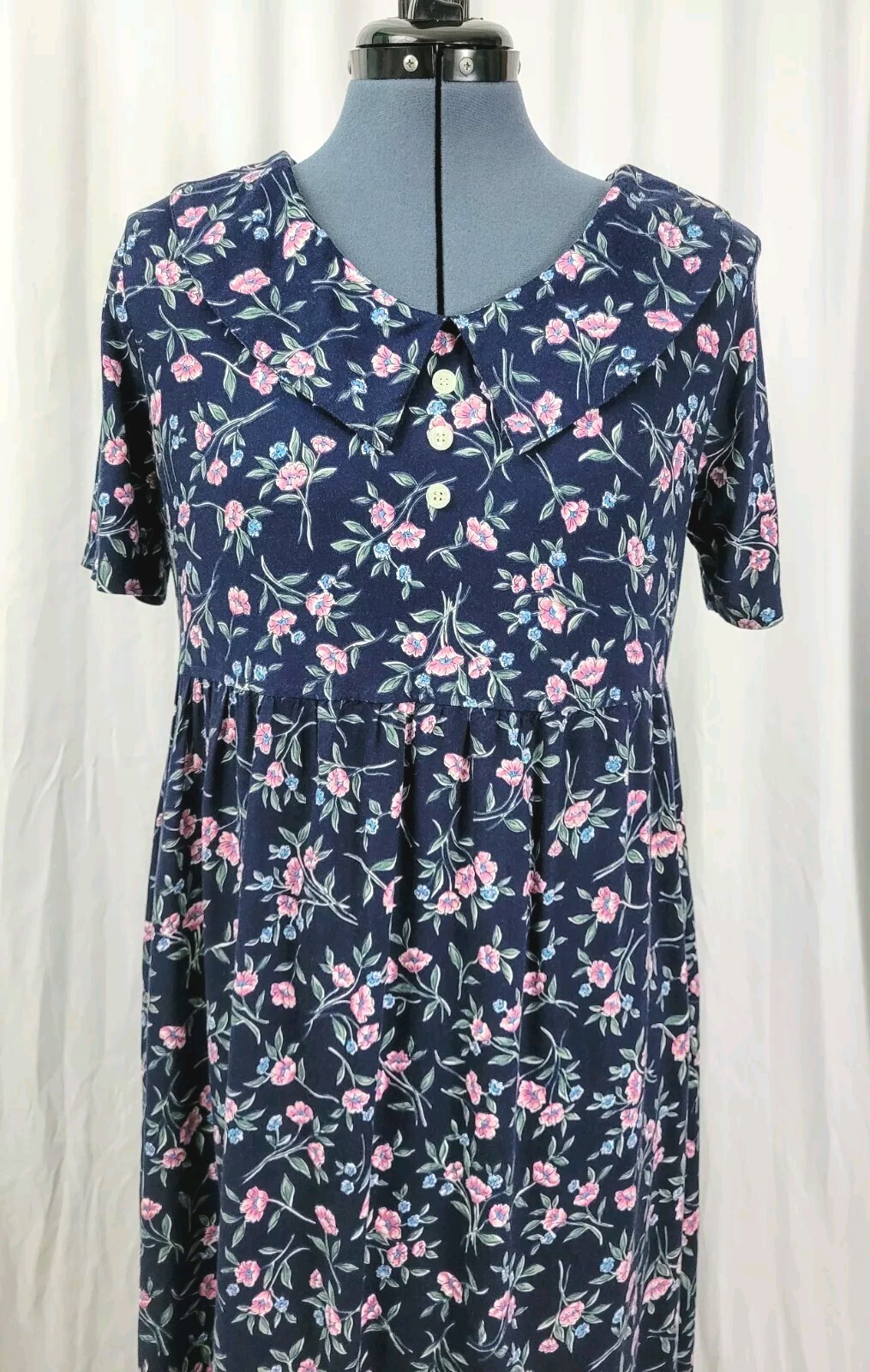 Vtg Ulterior Motives Navy Blue Floral Dress w Raised Waistline & Collar Size M