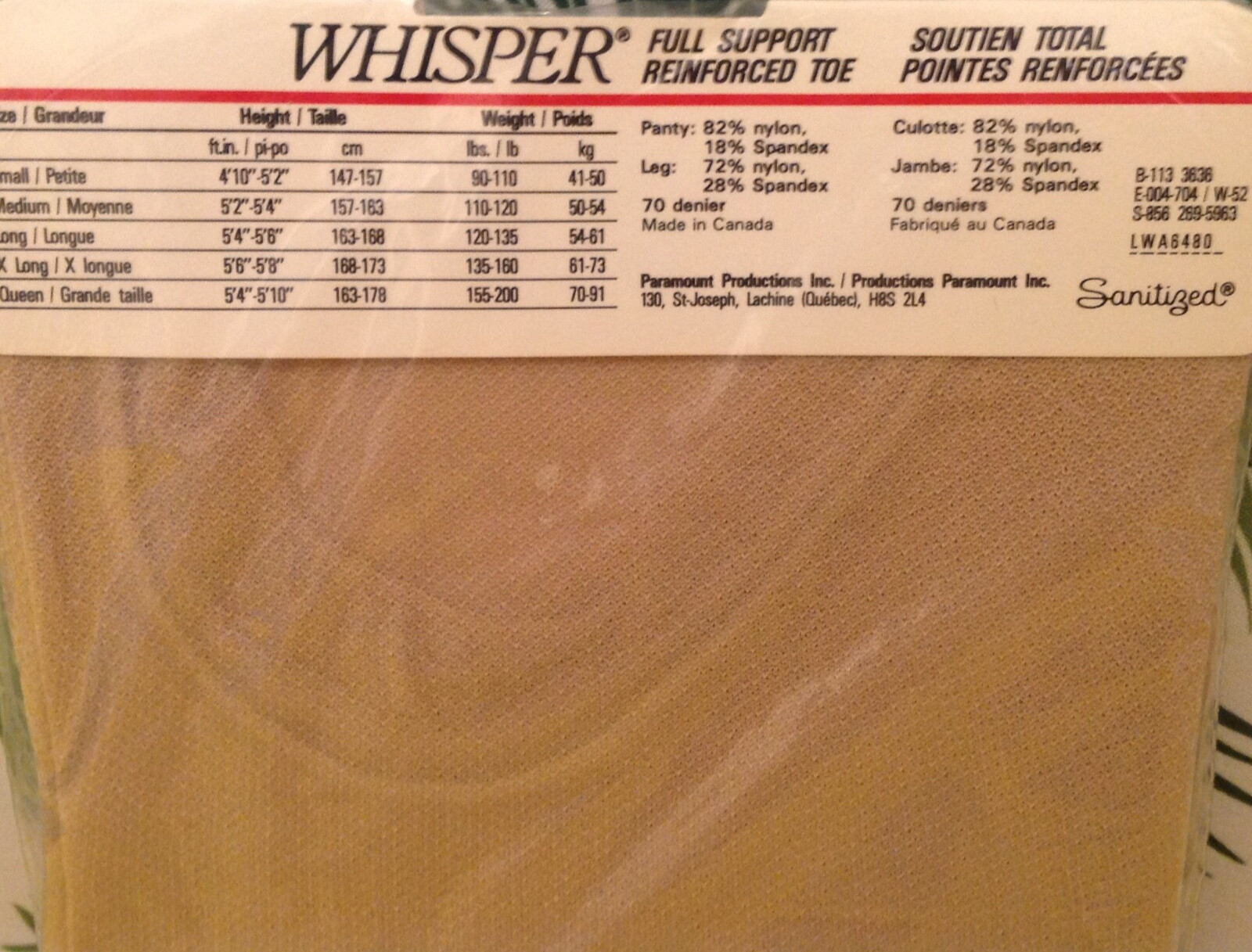Vintage Pantyhose Whisper Full Support Color Skin Size Long 120-135 Lbs B003D