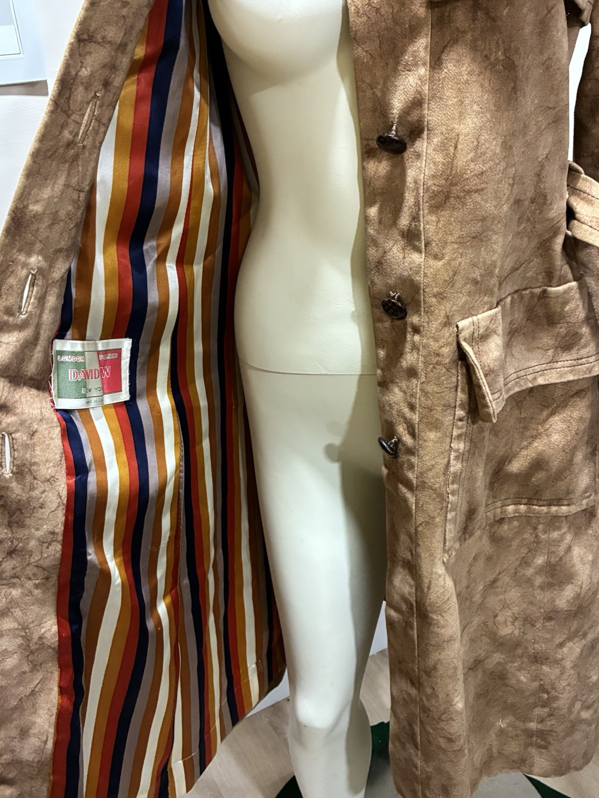 Vtg 70s Davidow Boutique Trench Coat Suede Look Cotton Color Stripe Lining USA