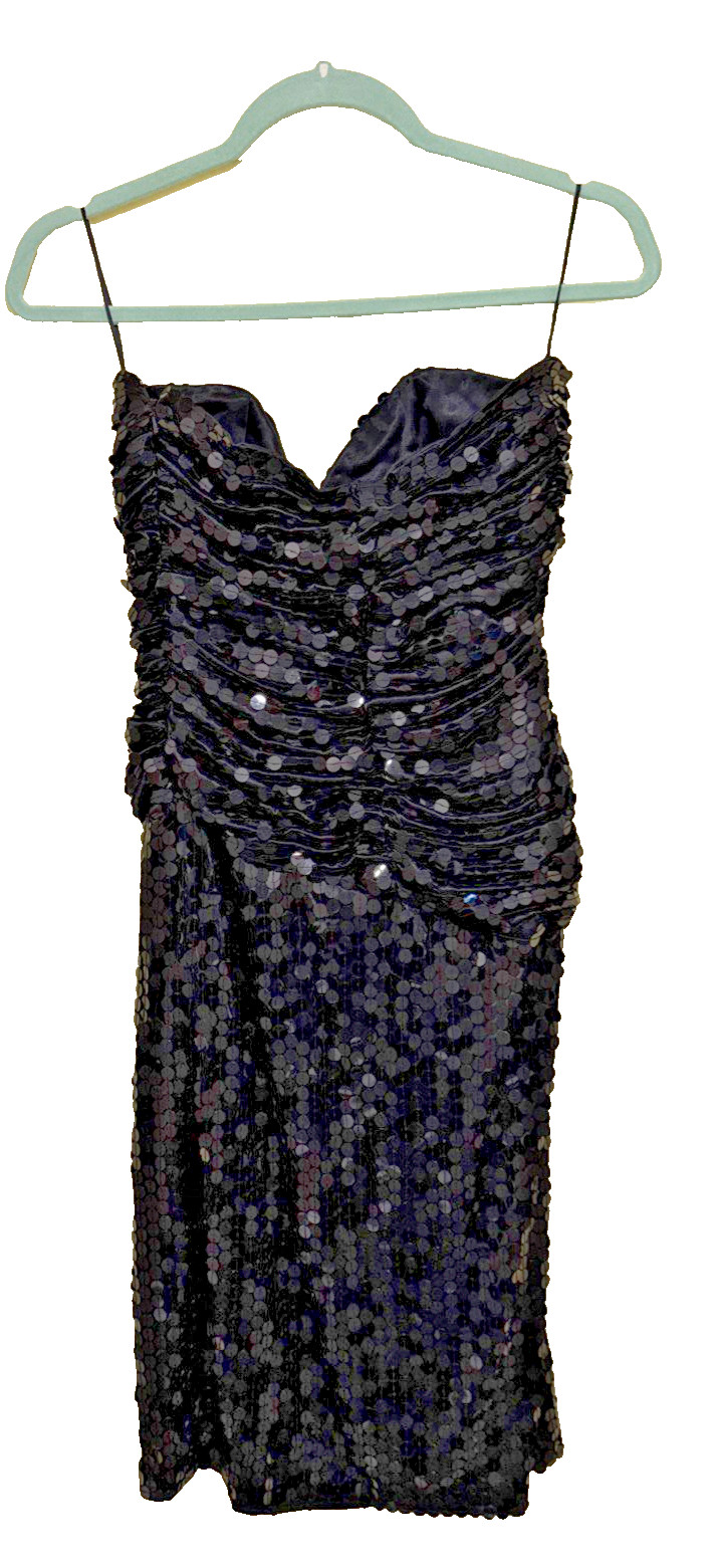 Vintage Oleg Cassini Black Sequin Party Dress Strapless Sweetheart Size 10