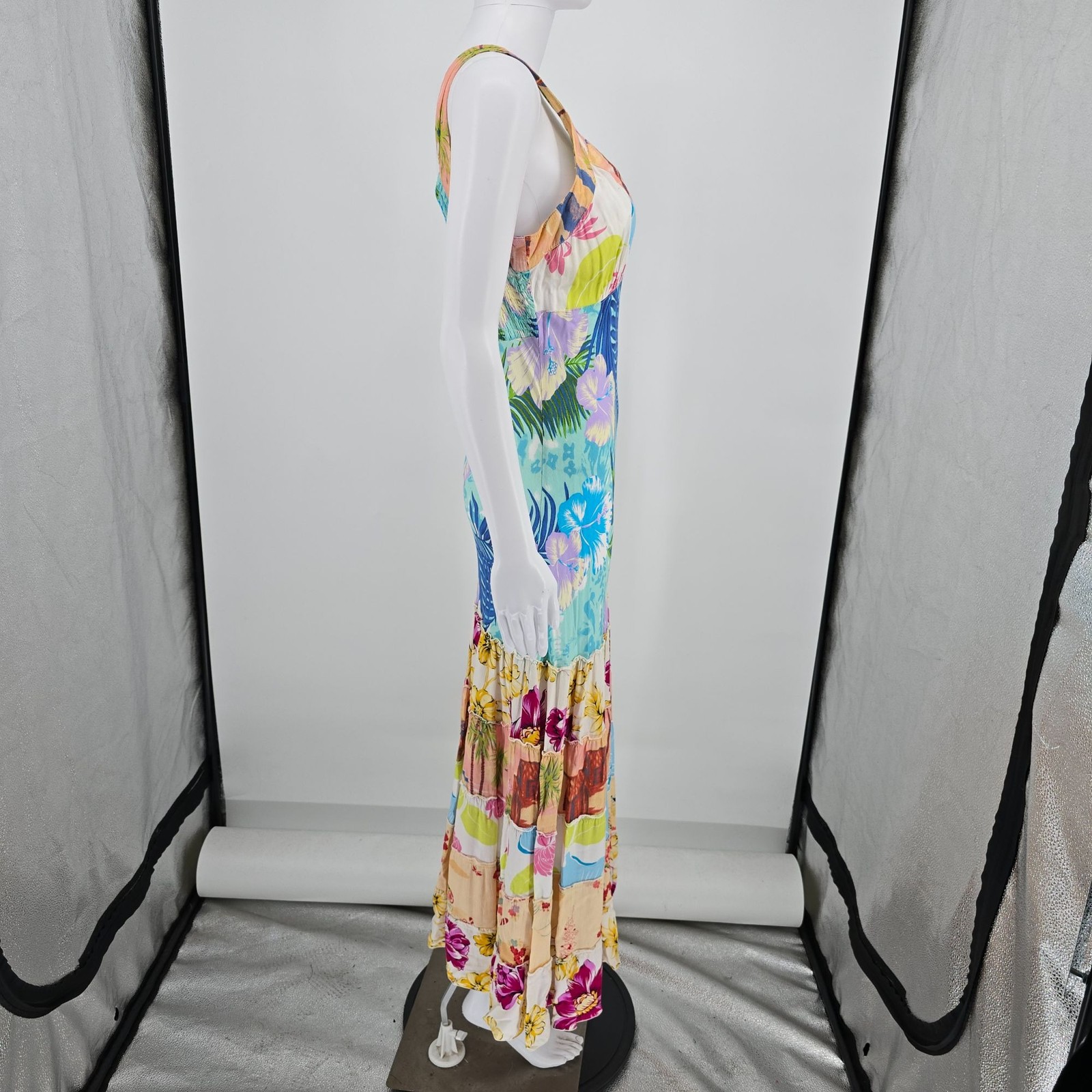 Vintage 1990s Globe Trotter Bali Patchwork Rayon Tropical Maxi Sundress (M)