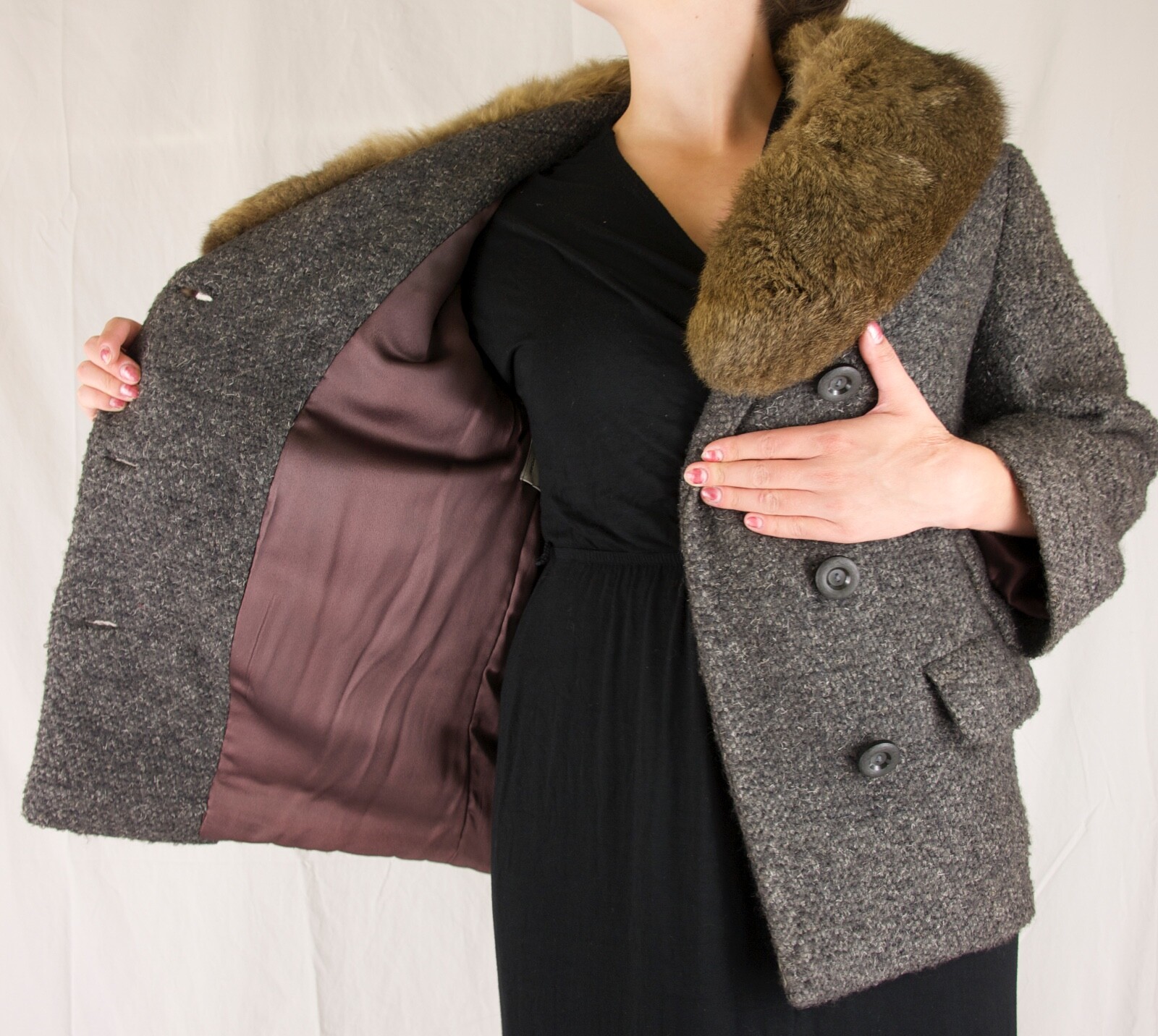 Vintage Mr. Carl Black, Brown & Grey Gray Wool  Jacket with Wide Fur Collar