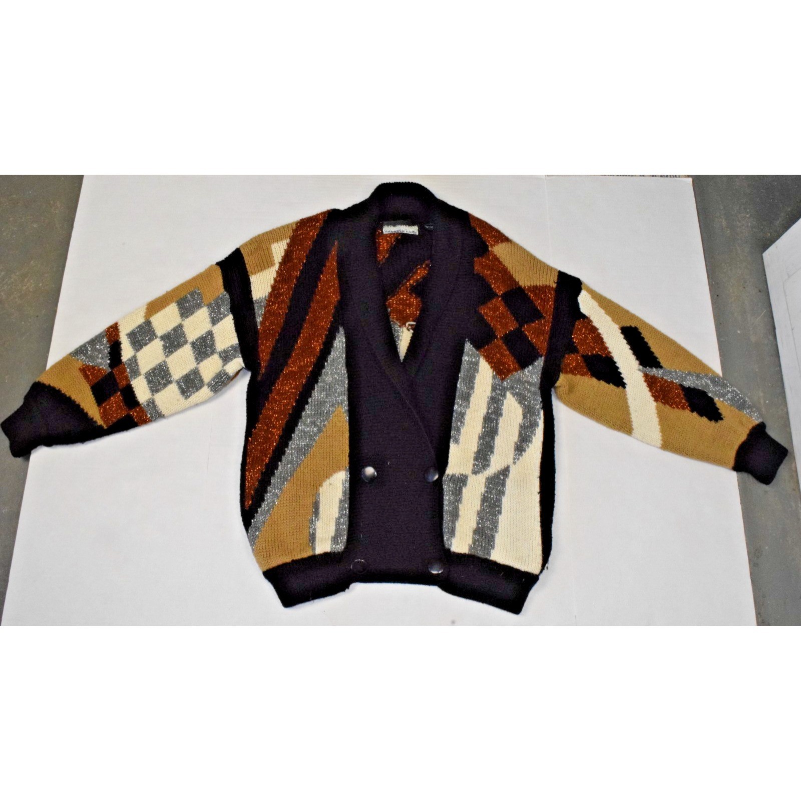 Vintage Cardigan Sweater Bramble Lane Size M 80s Sparkly Geometric Wide Shoulder