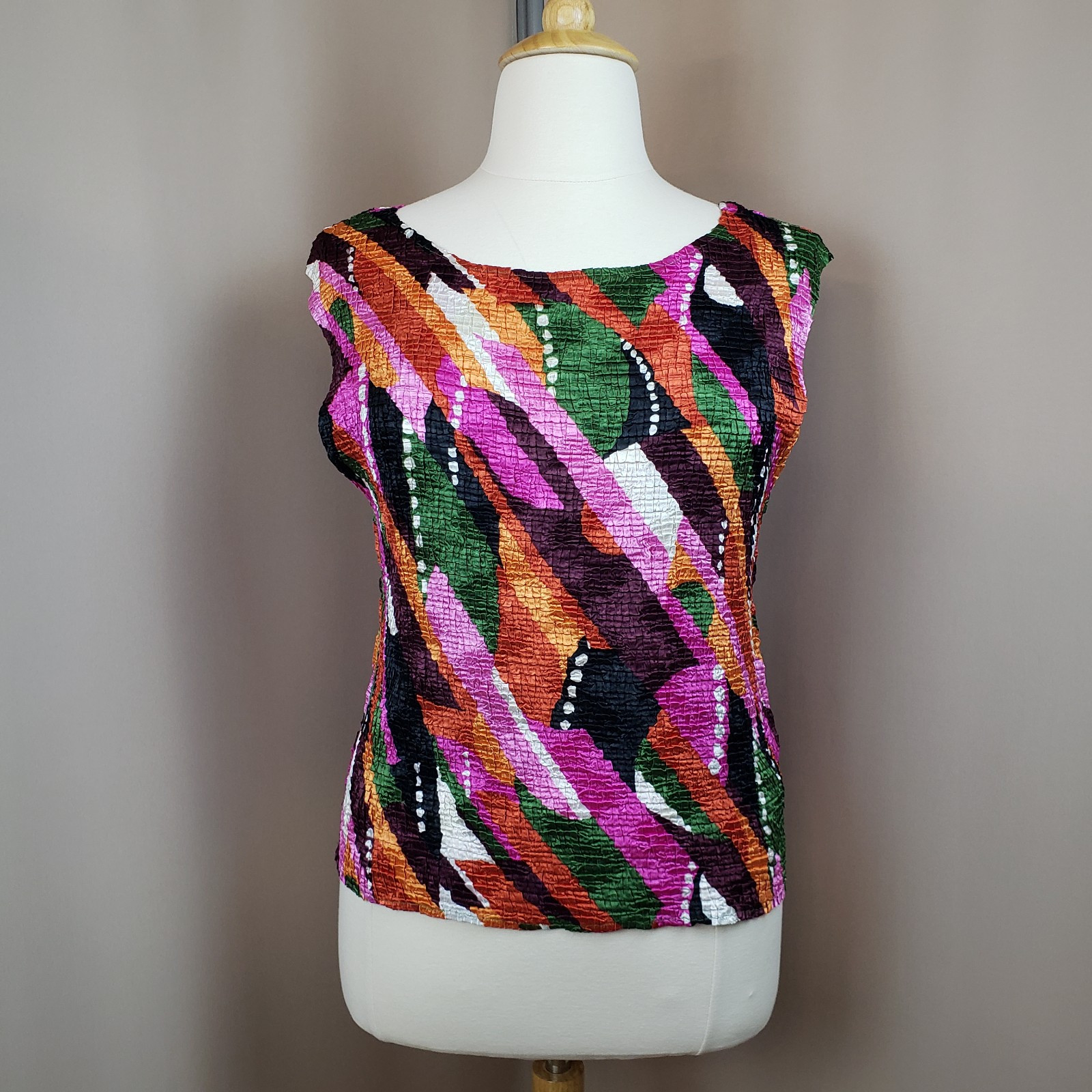 VTG 90s Top XL Tank Sleeveless Shell Crinkle Satin Colorful Art 2 Wear Office