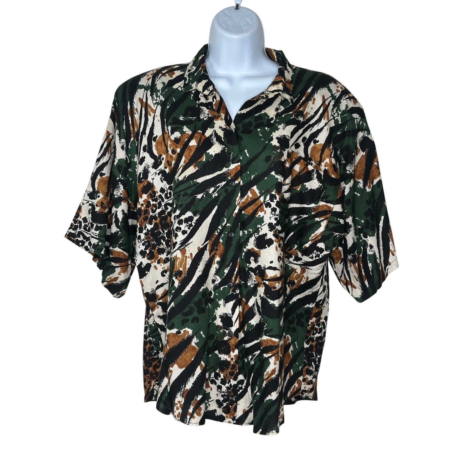 Foxtrot Vintage Animal Print Shirt XL Green Brown Zebra Leopard Button Down 90s