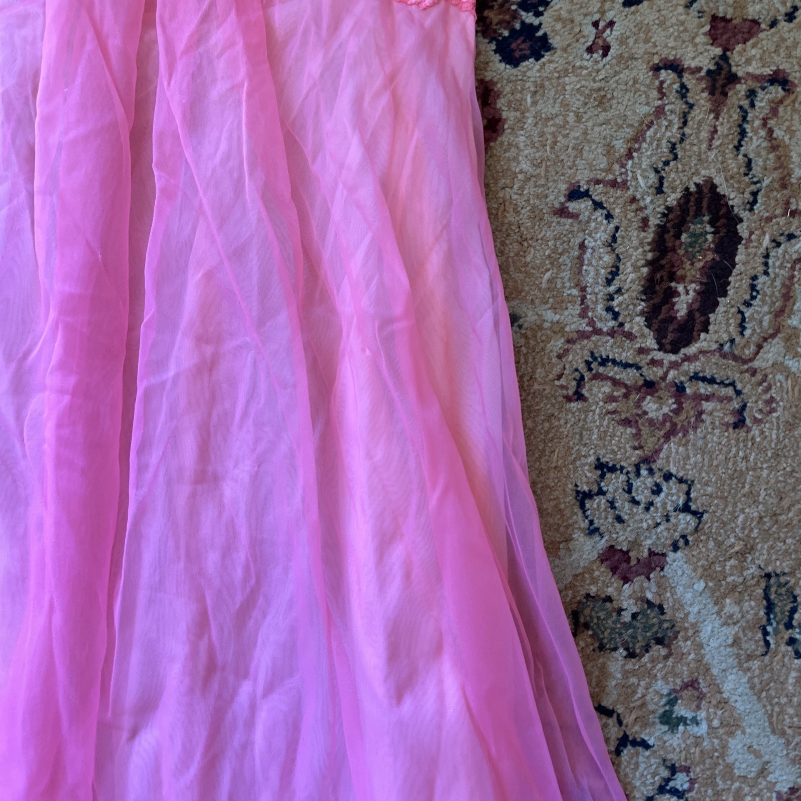 VTG 50’s VANITY FAIR SIZE M 32 NIGHTIE NIGHTGOWN PINK TRICOT NYLON CHIFFON LACE