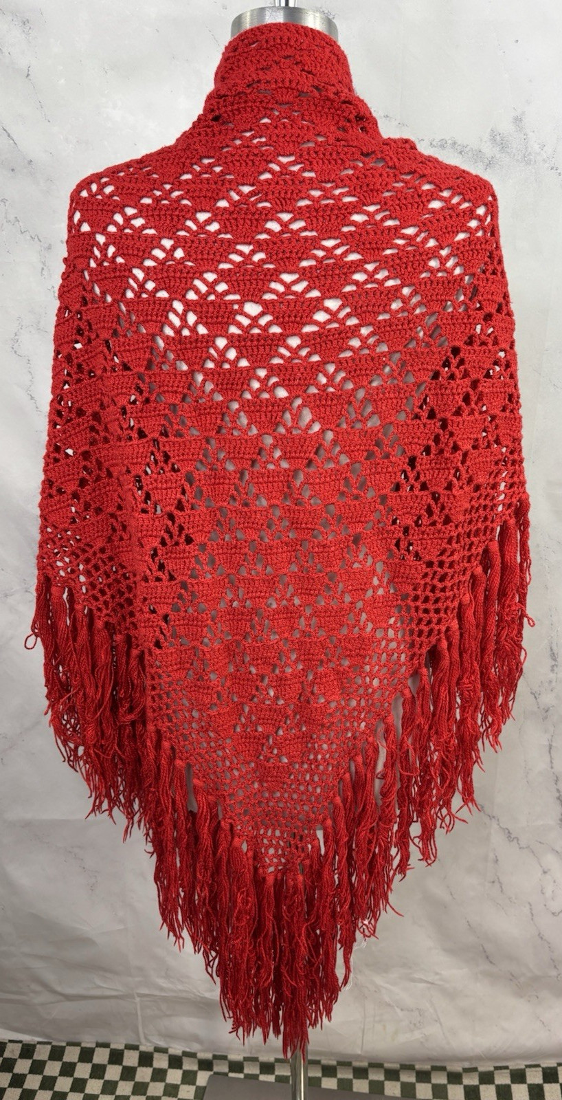 Vintage 70s Crochet Knit Shawl Red Cape Wrap cottagecore Boho Hippie Festival