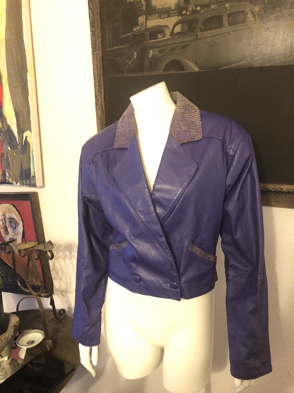 Vintage 80s Glam Women’s Size M purple leather bomber biker rocker crop jacket