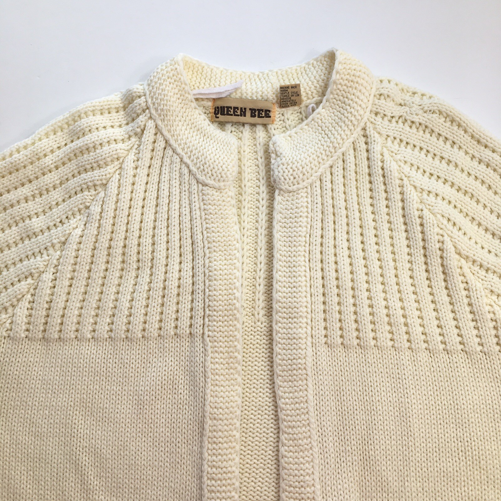 Queen Bee Womens Open Front Acrylic Off White Sweater Jacket Sz L/XL Vintage