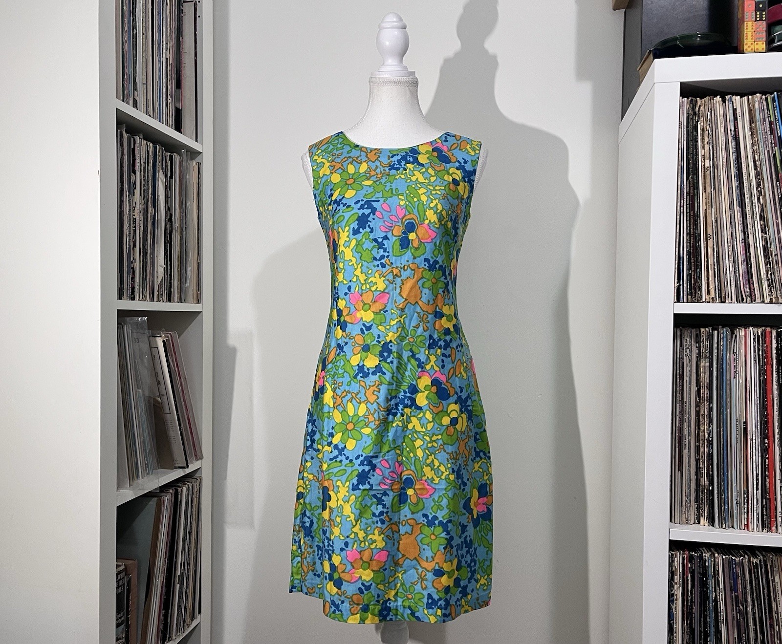 Vintage 70s Sears Floral Shift Dress Blue Mod Psychedelic Hippie Mini Women’s S