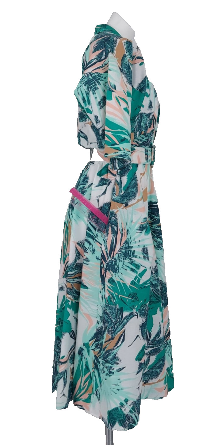 Vintage 80s Caliche Abstract Shirt Dress Belted Teal Button Front Midi Sz 8