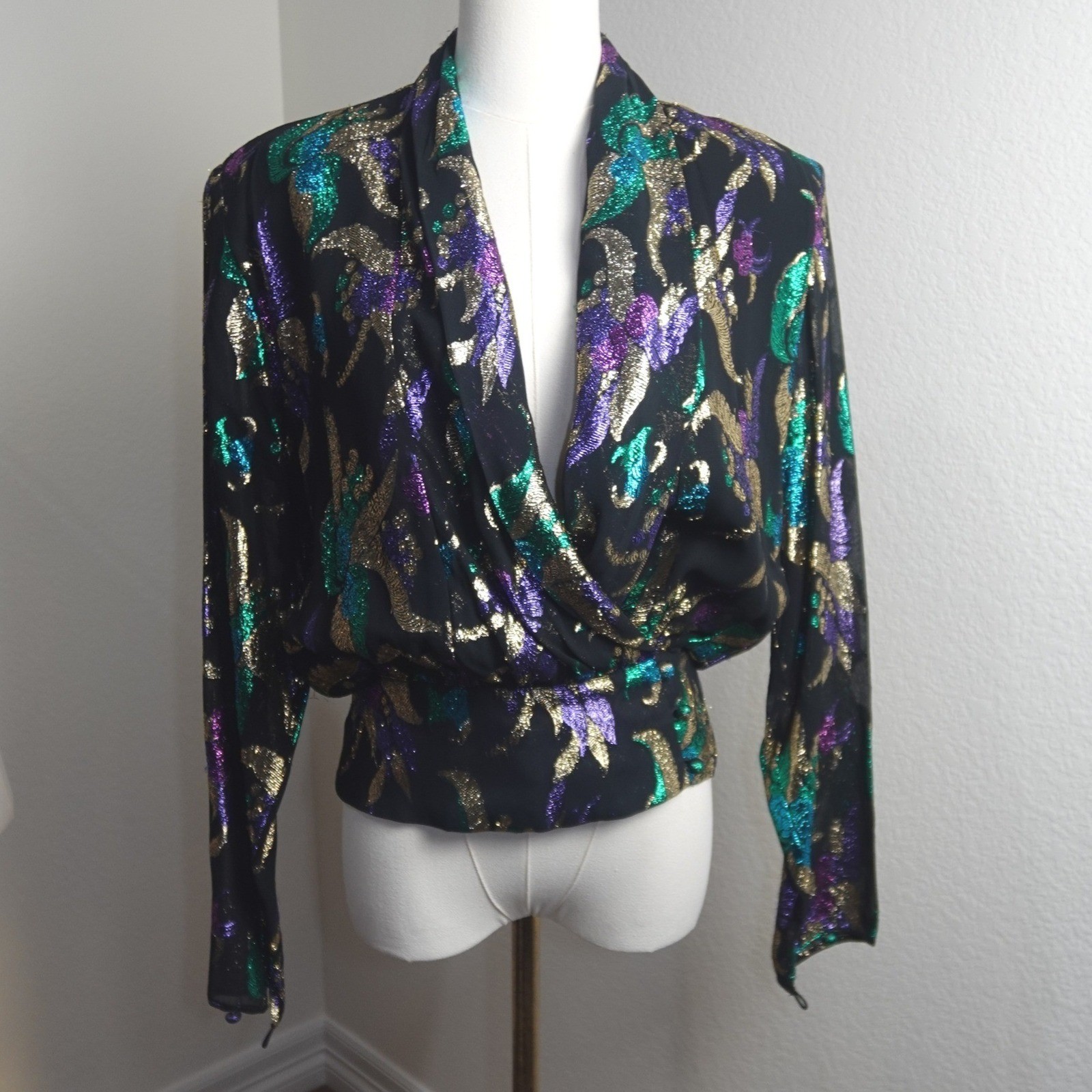 Vintage Anne Klein Black Metallic Abstract Blouse Purple Teal Gold Glam Top 80’s
